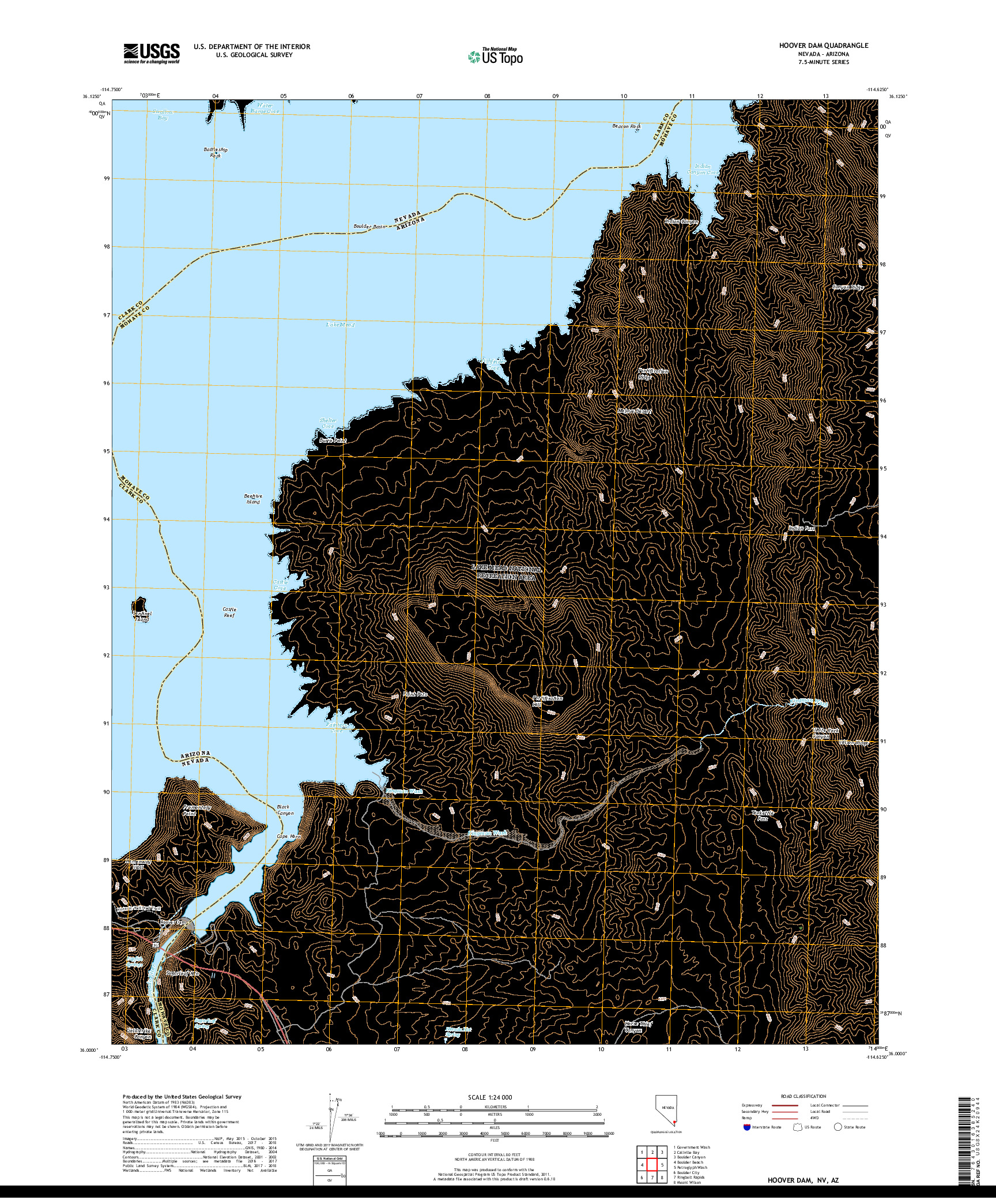 USGS US TOPO 7.5-MINUTE MAP FOR HOOVER DAM, NV,AZ 2018