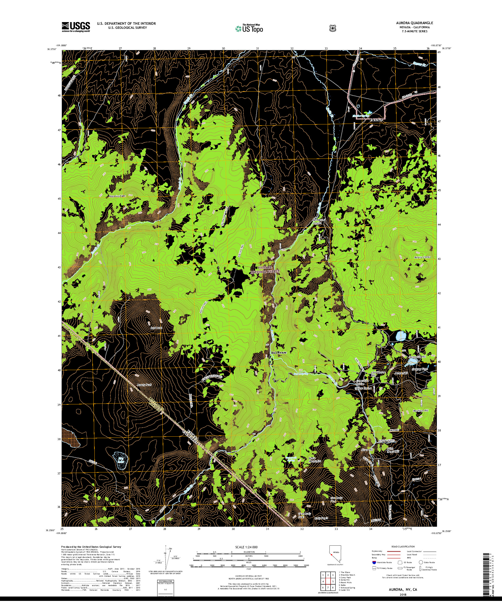 USGS US TOPO 7.5-MINUTE MAP FOR AURORA, NV,CA 2018