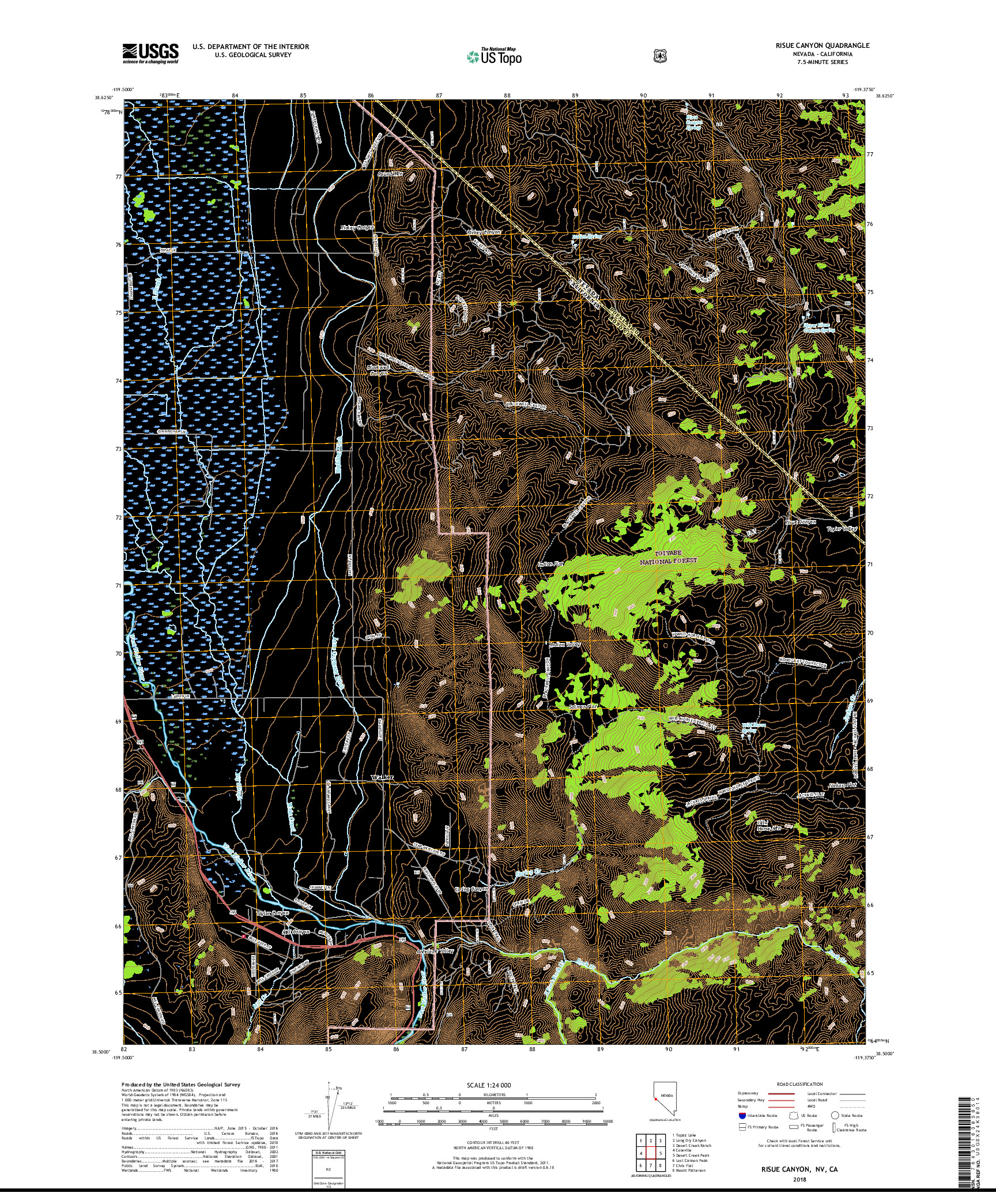 USGS US TOPO 7.5-MINUTE MAP FOR RISUE CANYON, NV,CA 2018