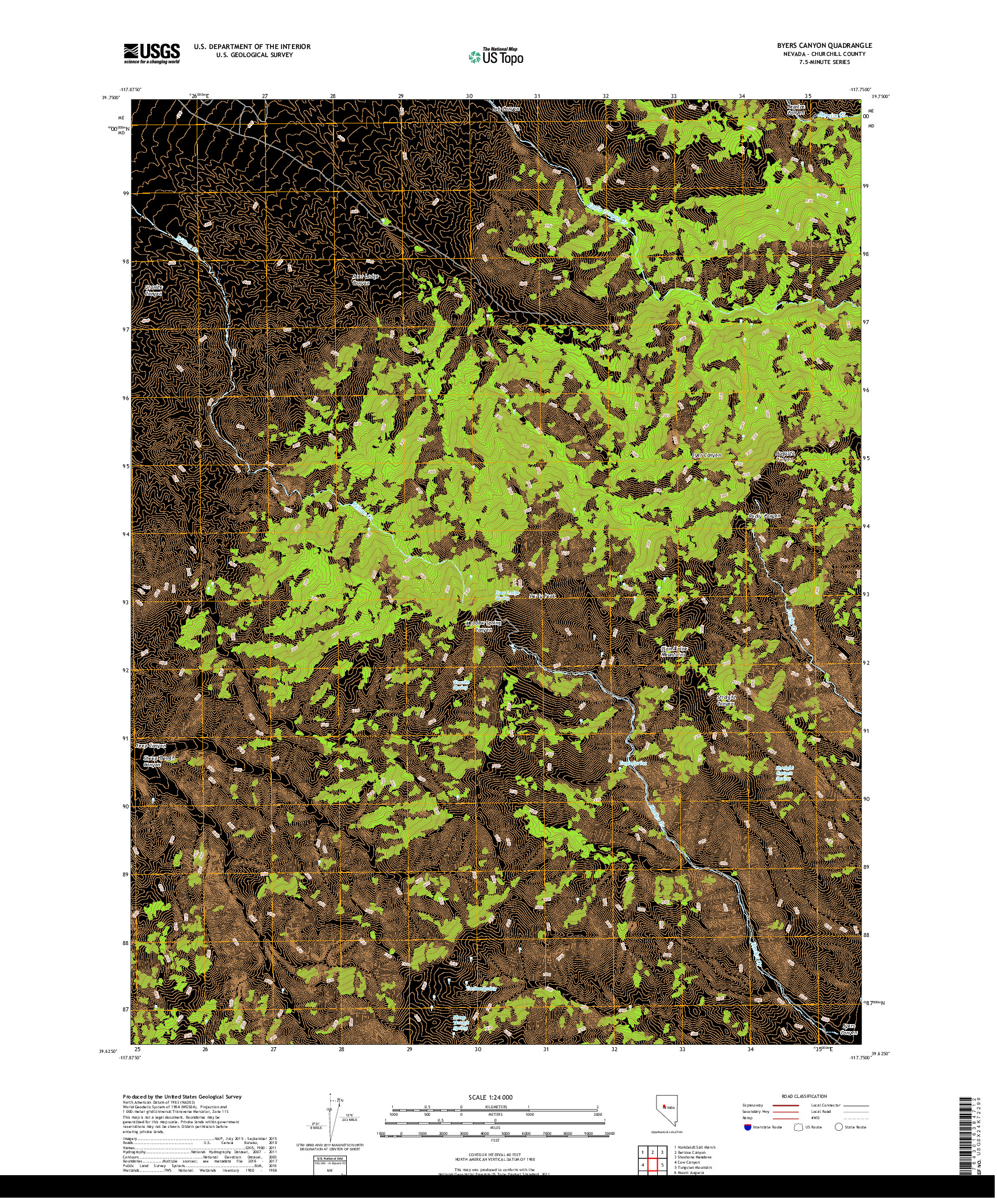 USGS US TOPO 7.5-MINUTE MAP FOR BYERS CANYON, NV 2018