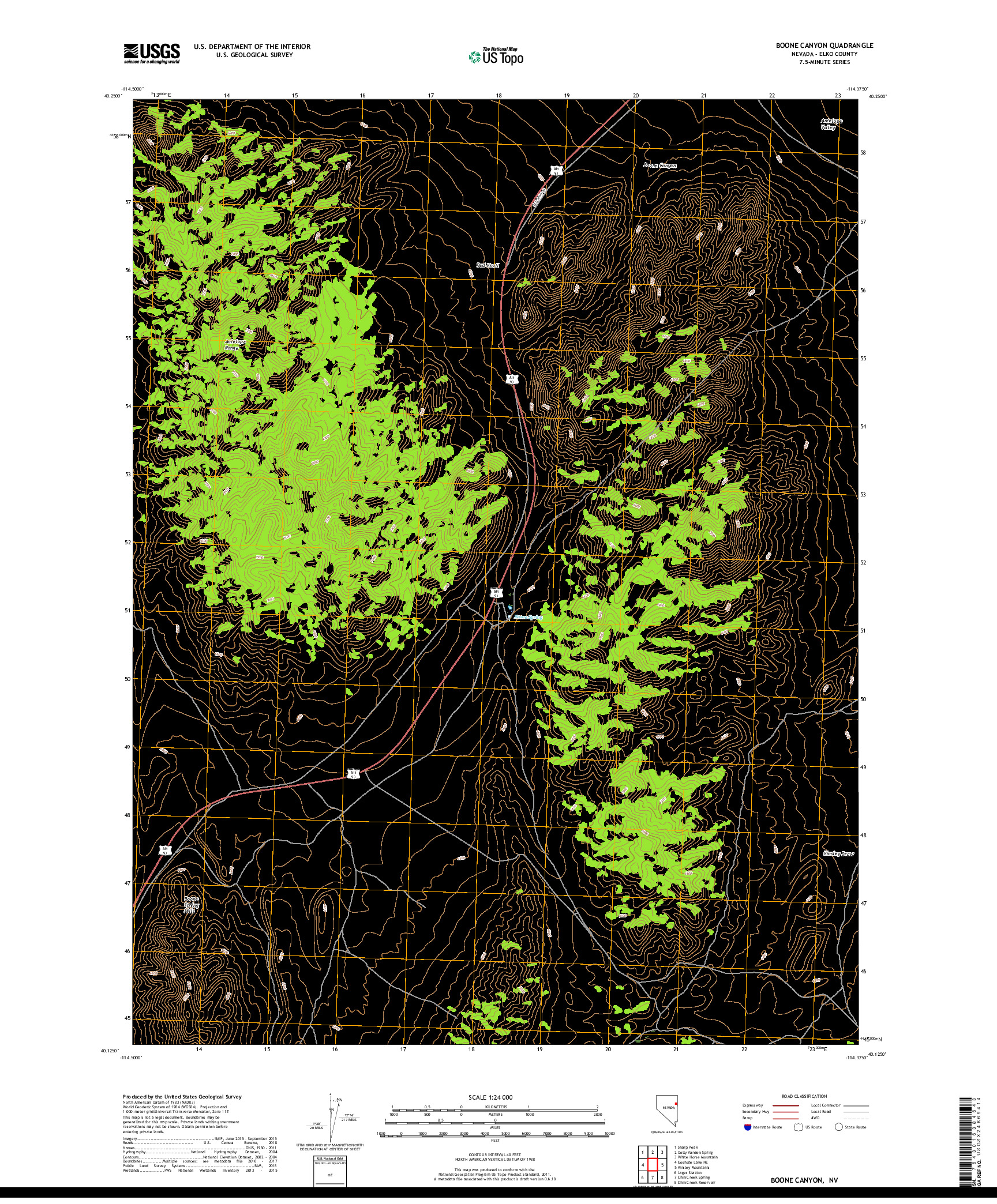 USGS US TOPO 7.5-MINUTE MAP FOR BOONE CANYON, NV 2018