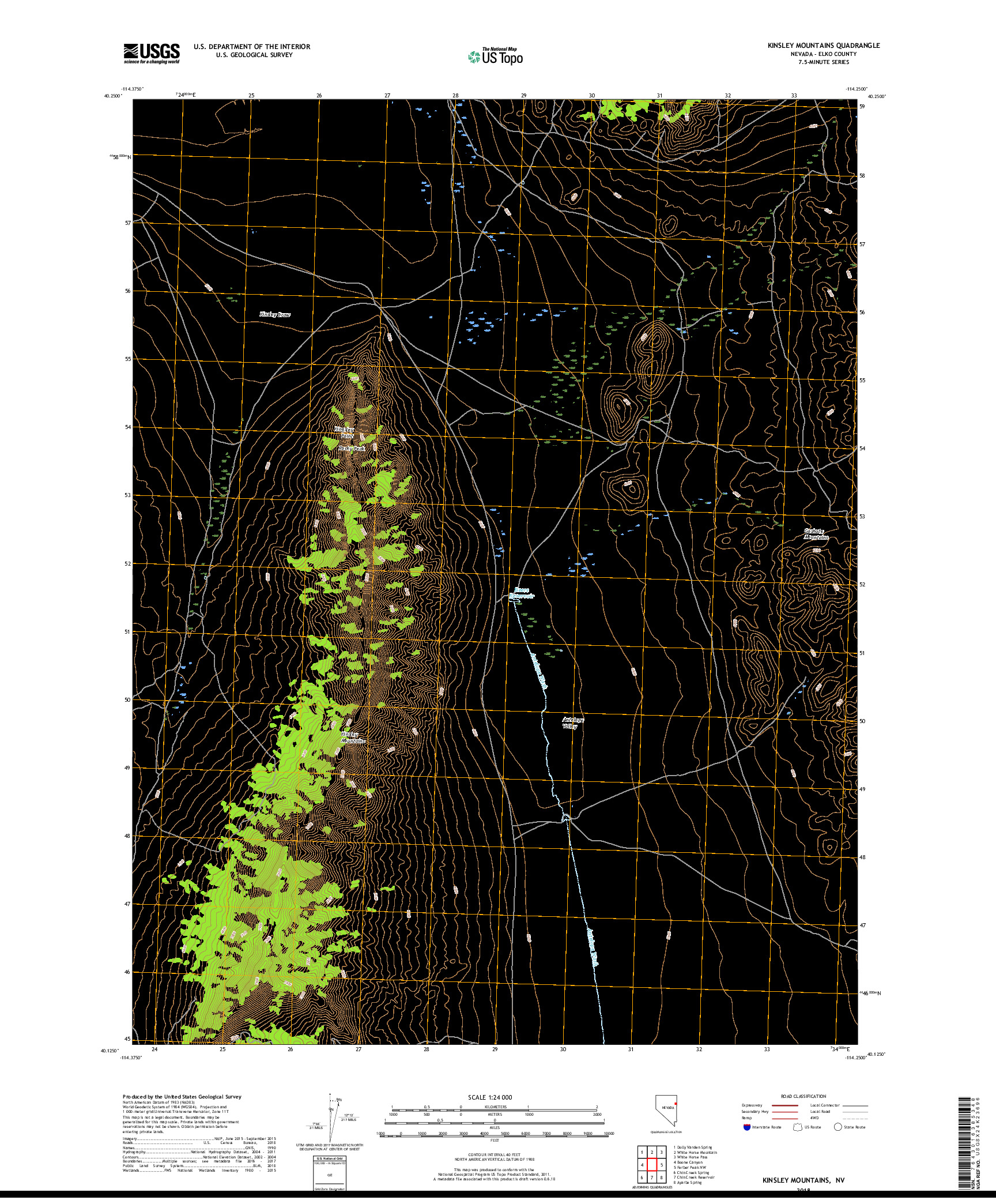 USGS US TOPO 7.5-MINUTE MAP FOR KINSLEY MOUNTAINS, NV 2018