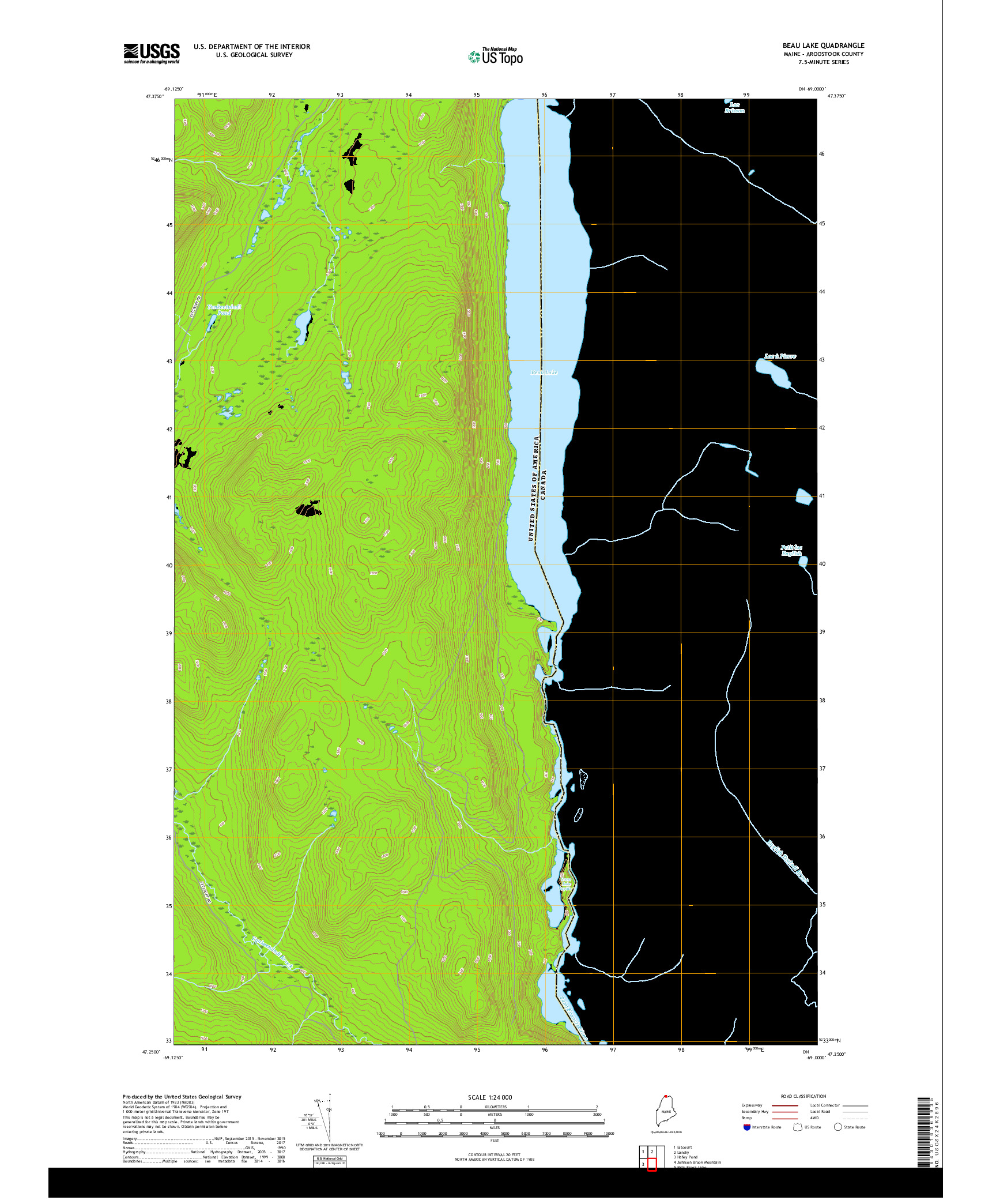 USGS US TOPO 7.5-MINUTE MAP FOR BEAU LAKE, ME,QC,NB 2018