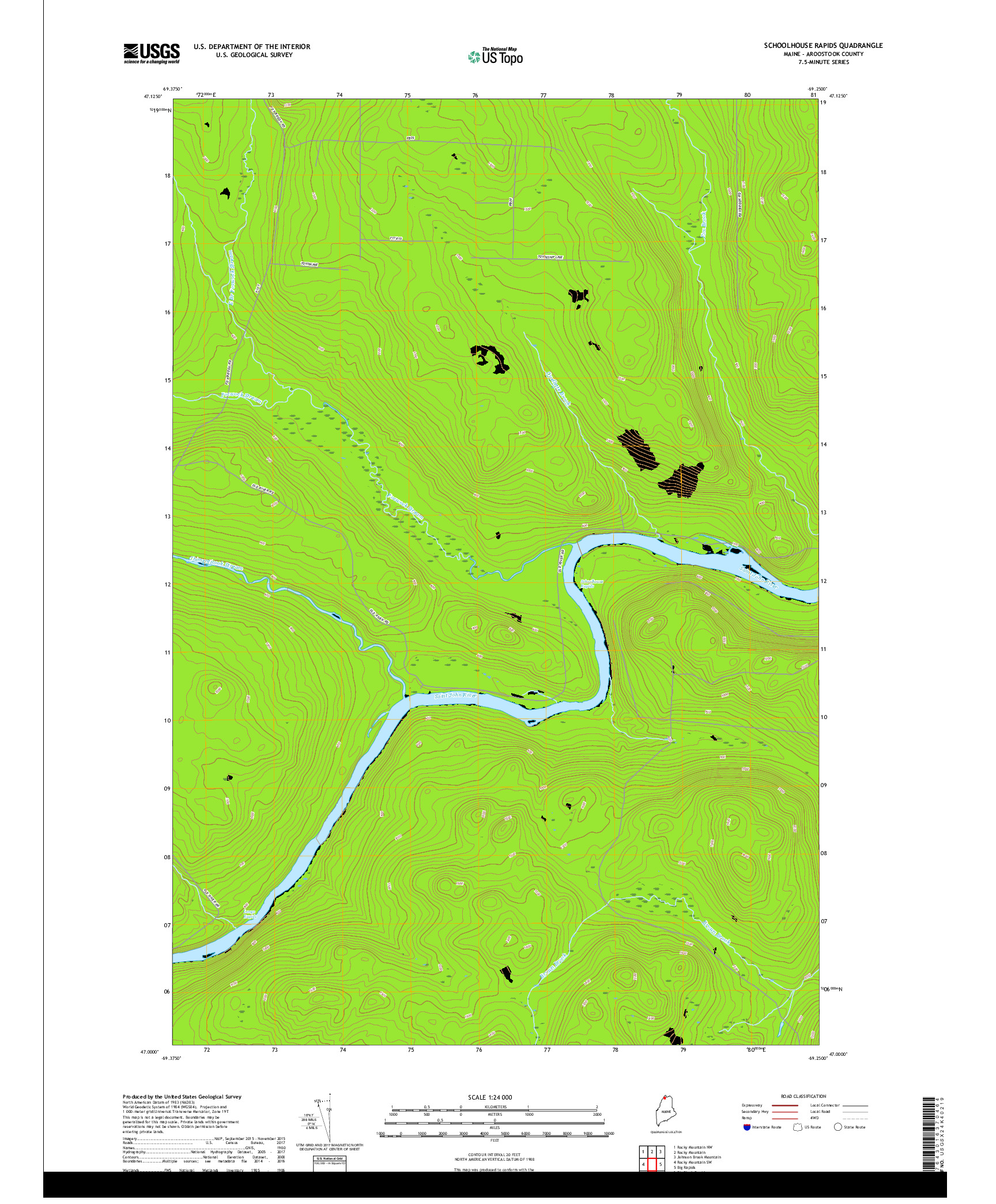 USGS US TOPO 7.5-MINUTE MAP FOR SCHOOLHOUSE RAPIDS, ME 2018