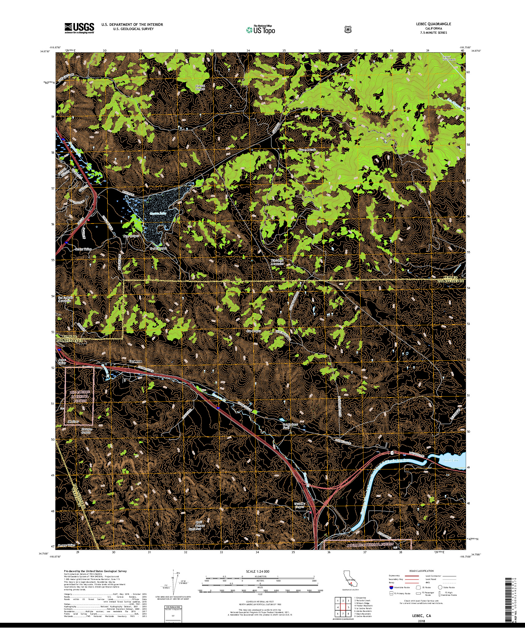 USGS US TOPO 7.5-MINUTE MAP FOR LEBEC, CA 2018