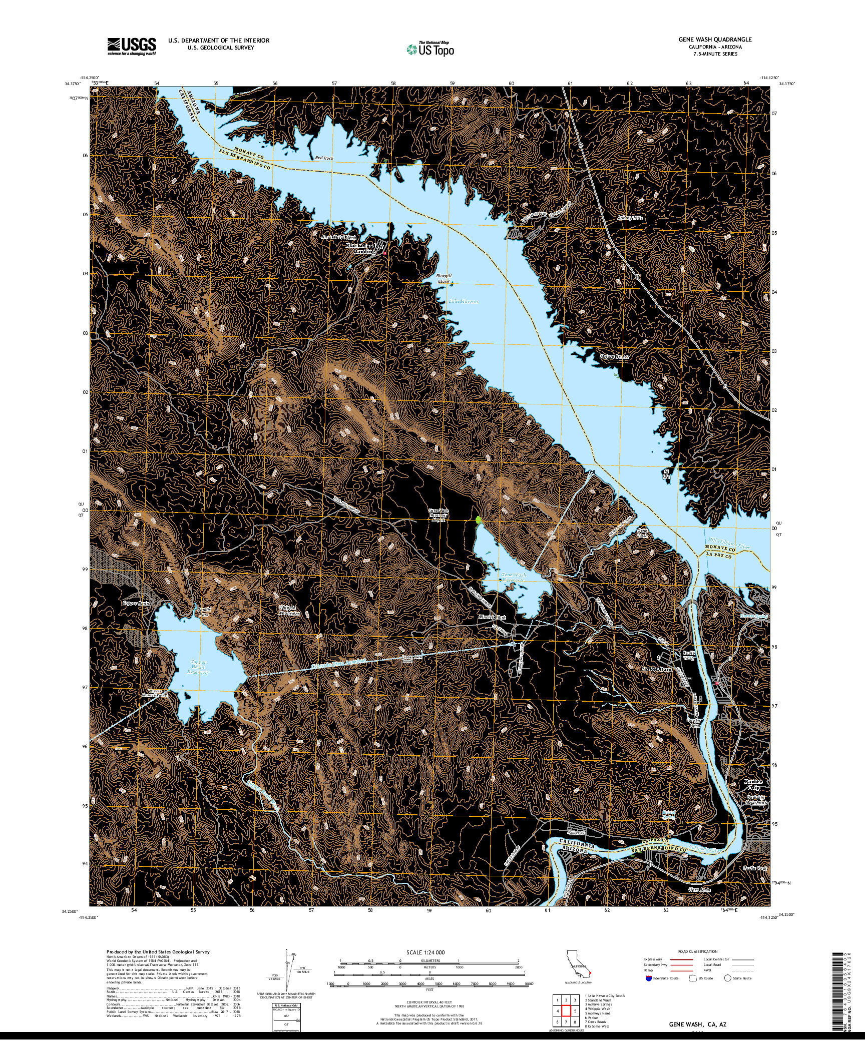 USGS US TOPO 7.5-MINUTE MAP FOR GENE WASH, CA,AZ 2018