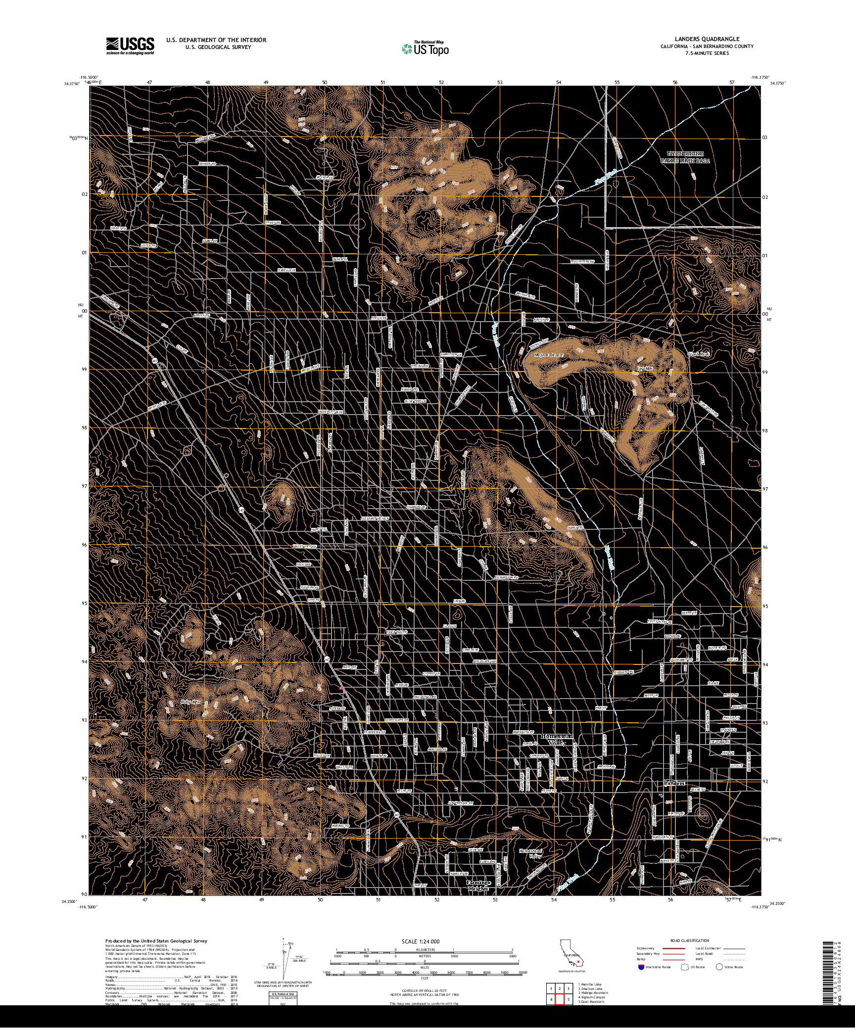 USGS US TOPO 7.5-MINUTE MAP FOR LANDERS, CA 2018