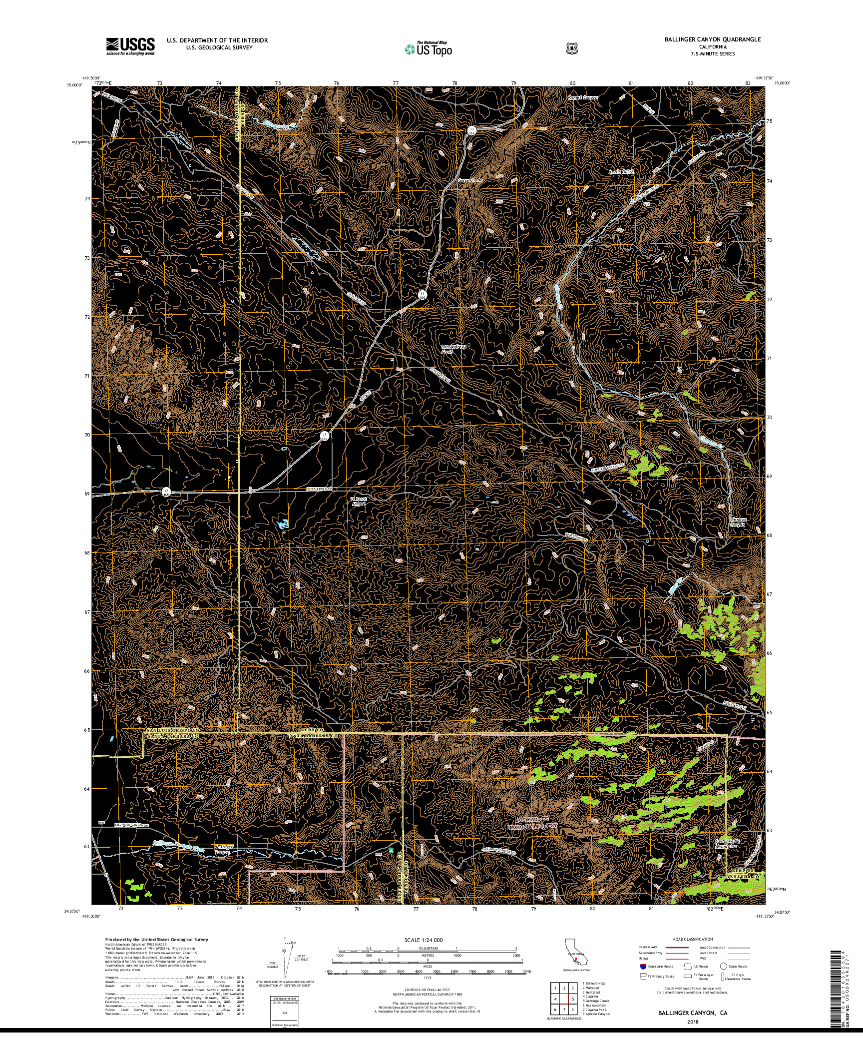 USGS US TOPO 7.5-MINUTE MAP FOR BALLINGER CANYON, CA 2018