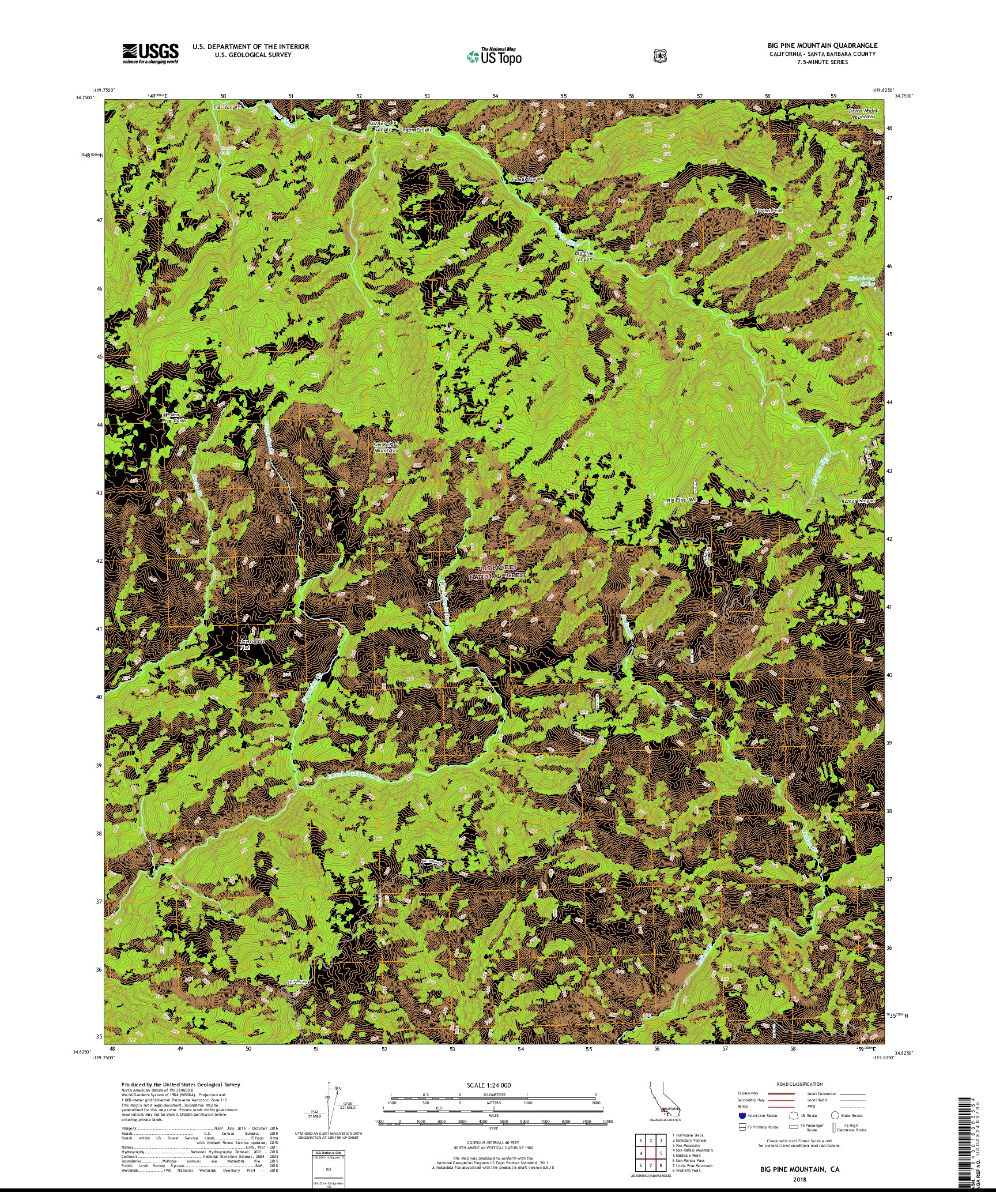 USGS US TOPO 7.5-MINUTE MAP FOR BIG PINE MOUNTAIN, CA 2018