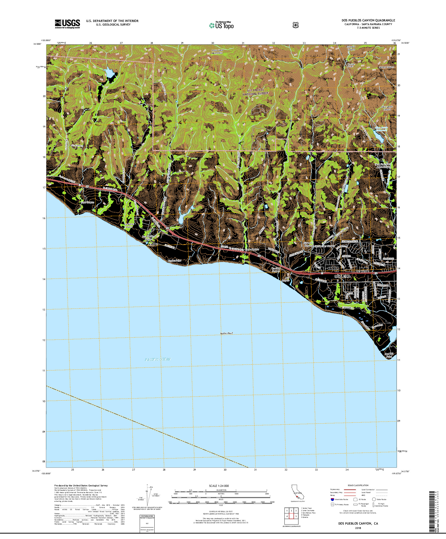 USGS US TOPO 7.5-MINUTE MAP FOR DOS PUEBLOS CANYON, CA 2018