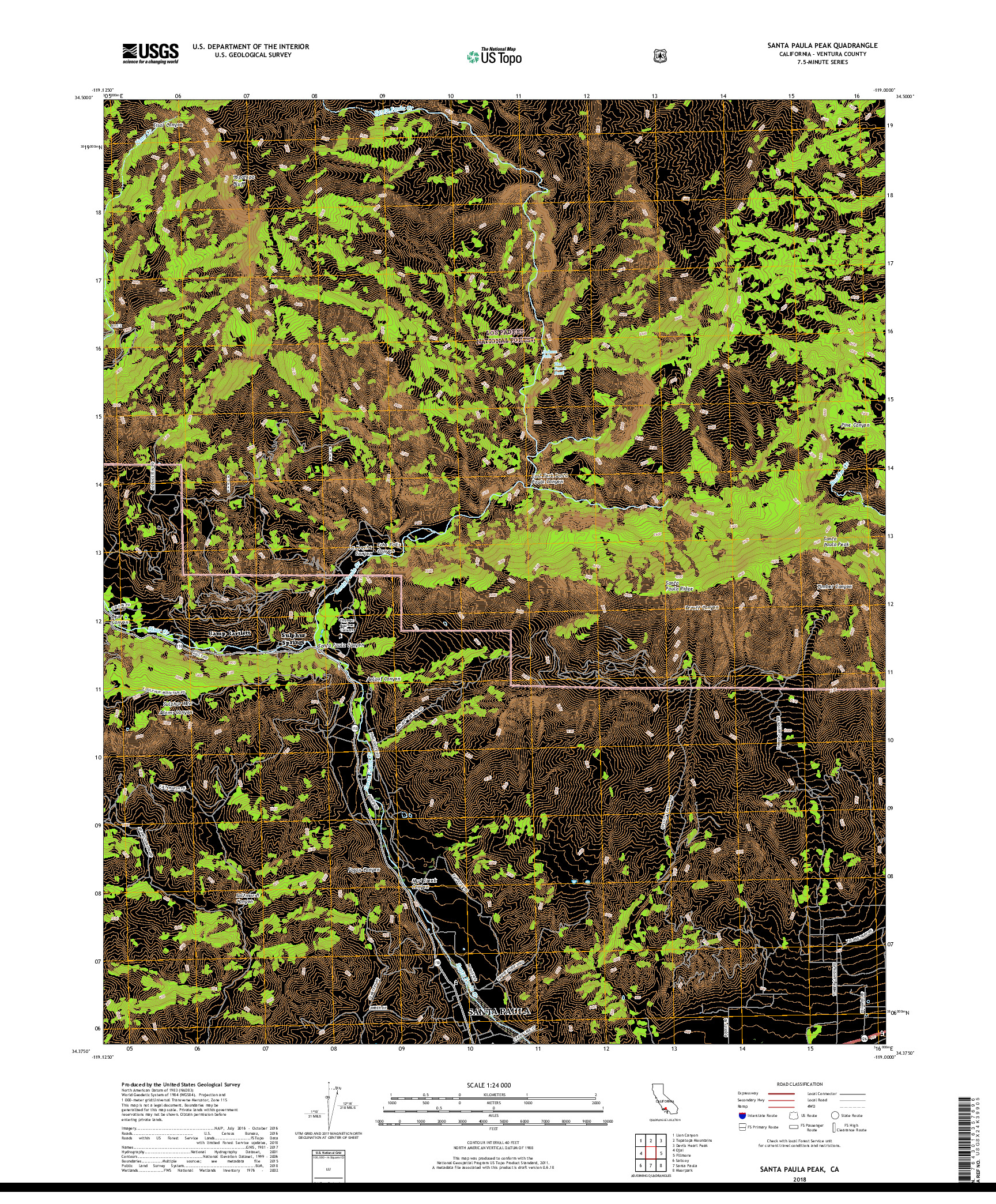 USGS US TOPO 7.5-MINUTE MAP FOR SANTA PAULA PEAK, CA 2018