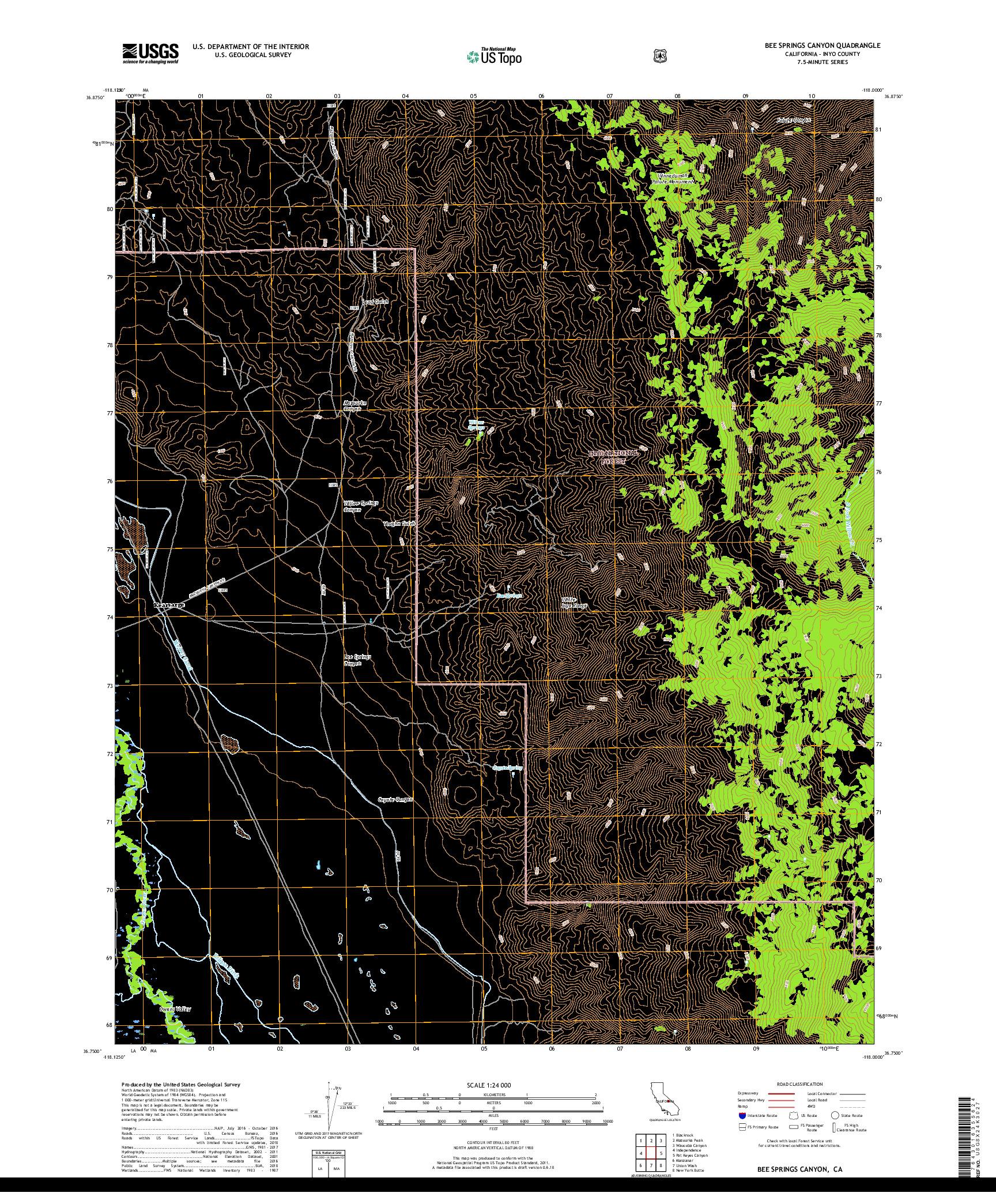 USGS US TOPO 7.5-MINUTE MAP FOR BEE SPRINGS CANYON, CA 2018