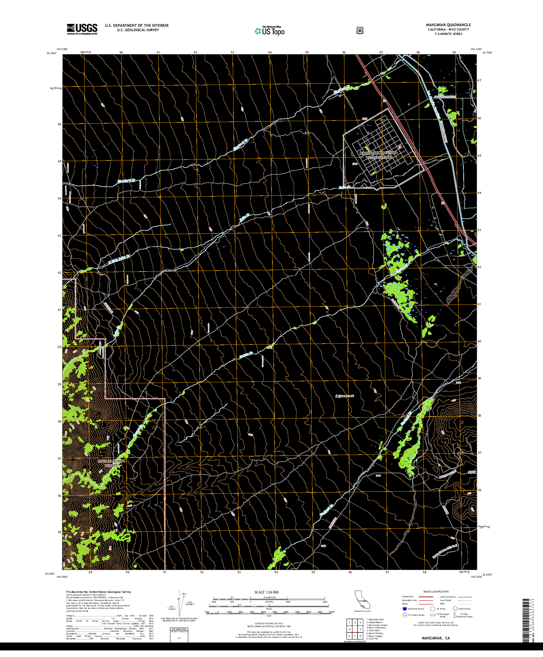 USGS US TOPO 7.5-MINUTE MAP FOR MANZANAR, CA 2018