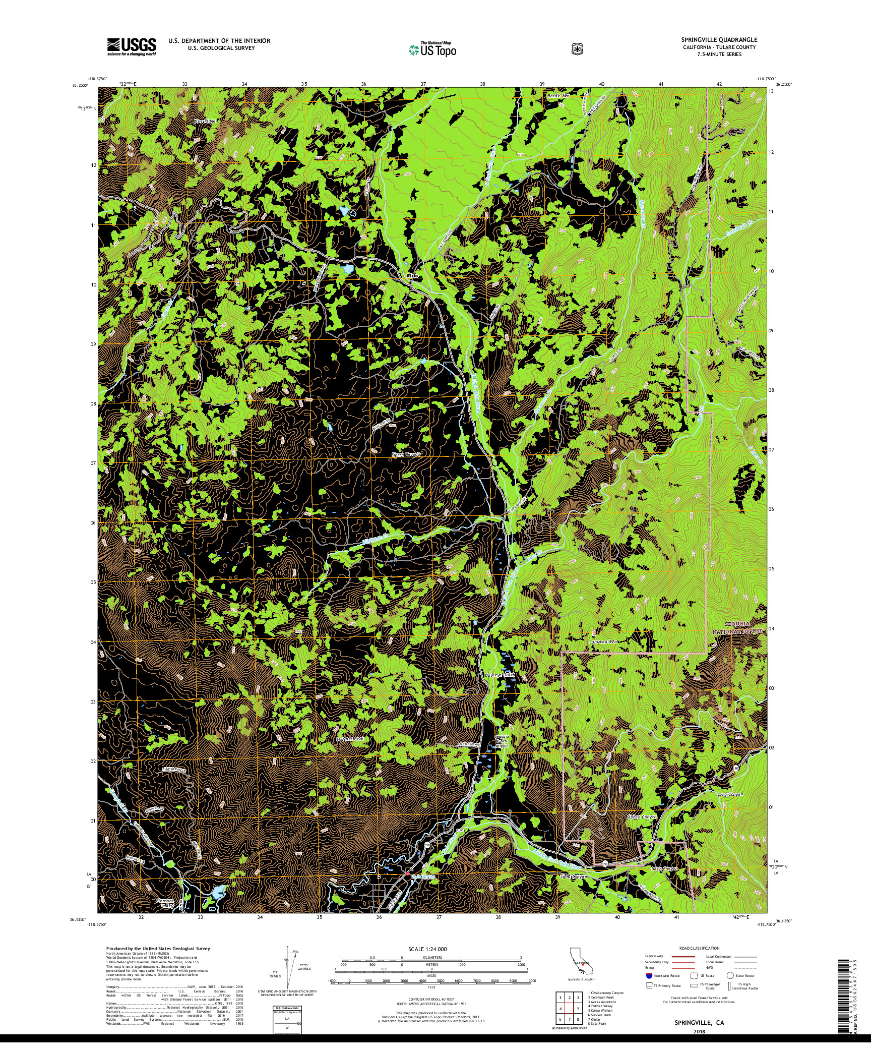 USGS US TOPO 7.5-MINUTE MAP FOR SPRINGVILLE, CA 2018