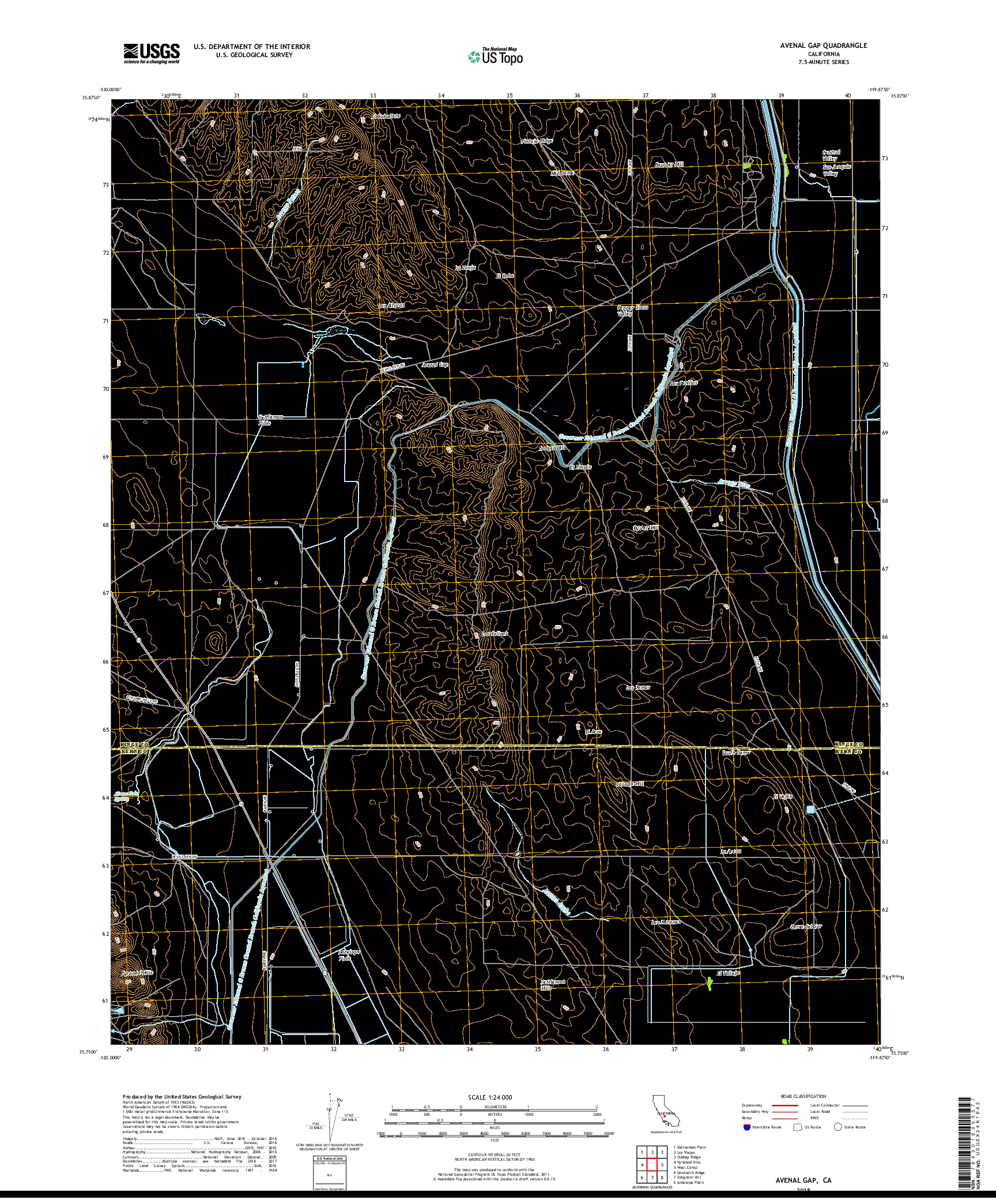 USGS US TOPO 7.5-MINUTE MAP FOR AVENAL GAP, CA 2018