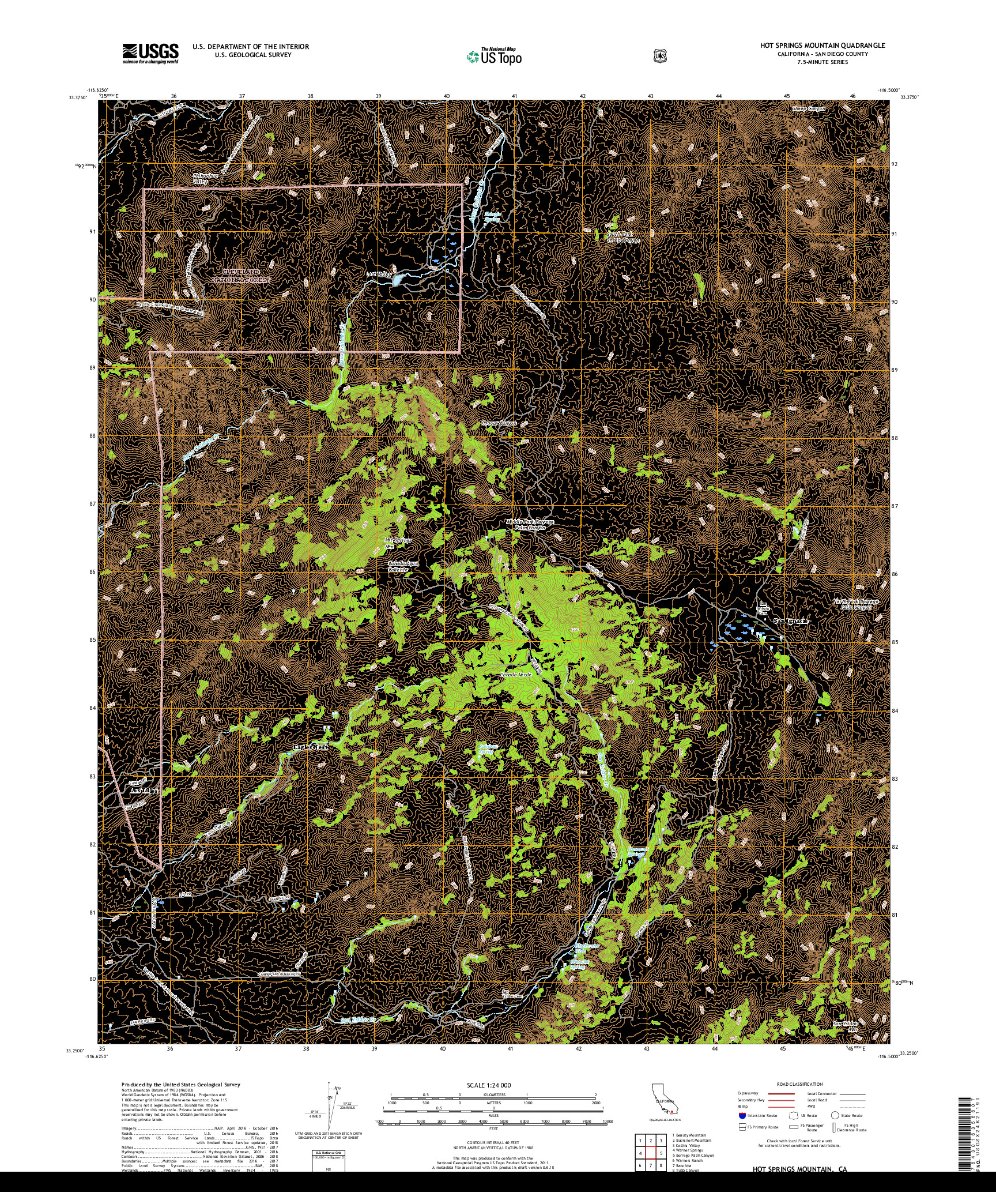 USGS US TOPO 7.5-MINUTE MAP FOR HOT SPRINGS MOUNTAIN, CA 2018