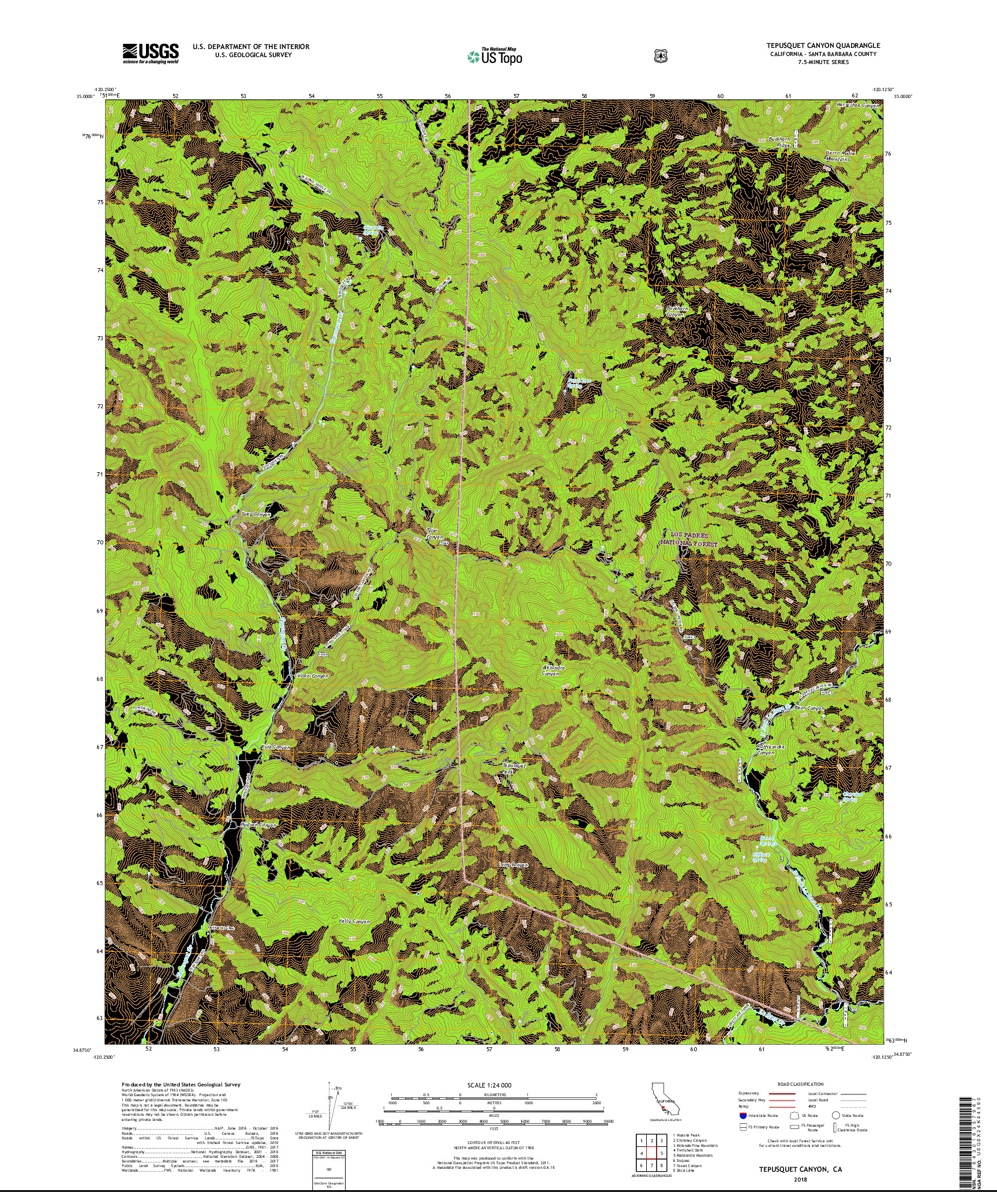 USGS US TOPO 7.5-MINUTE MAP FOR TEPUSQUET CANYON, CA 2018