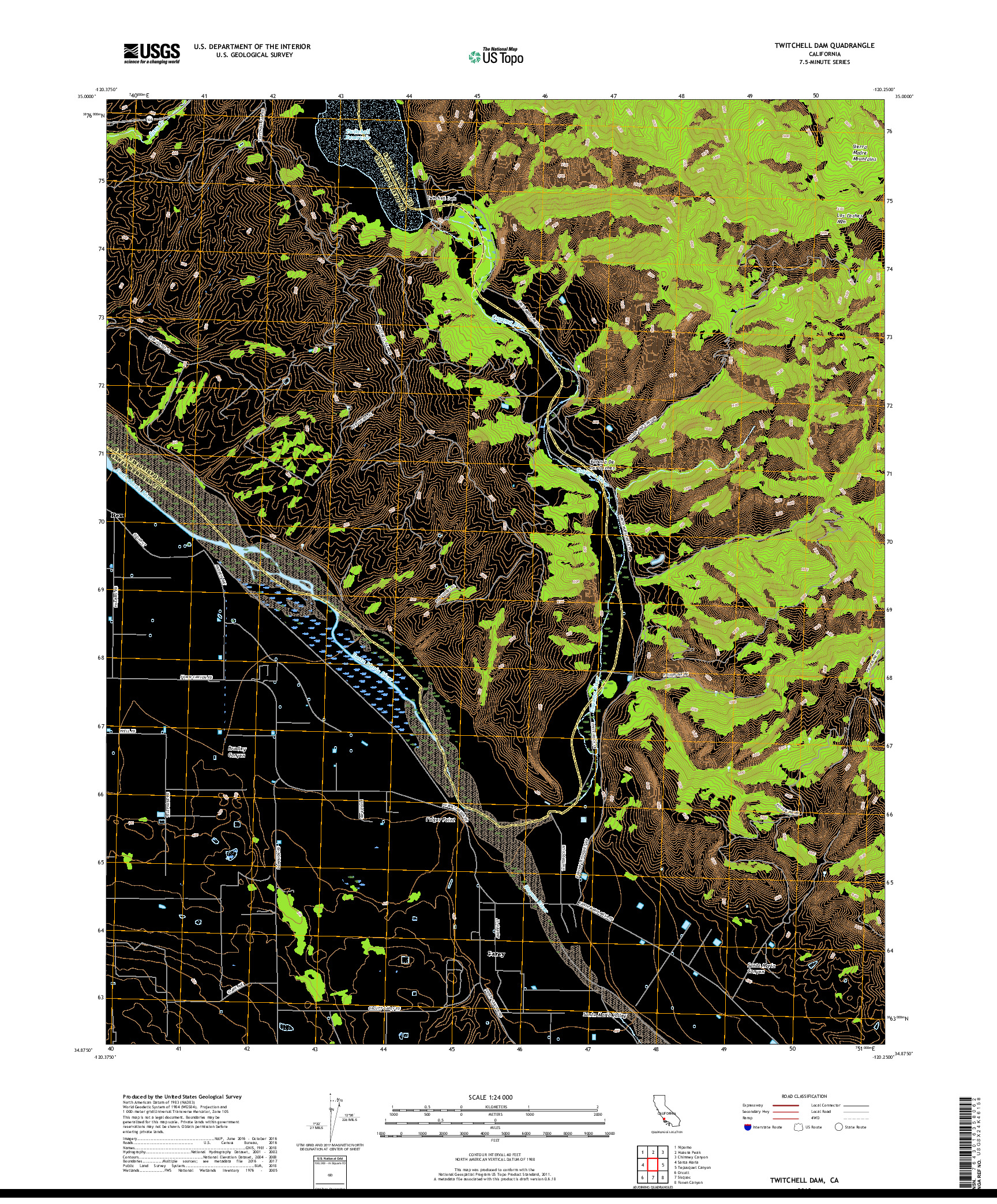 USGS US TOPO 7.5-MINUTE MAP FOR TWITCHELL DAM, CA 2018