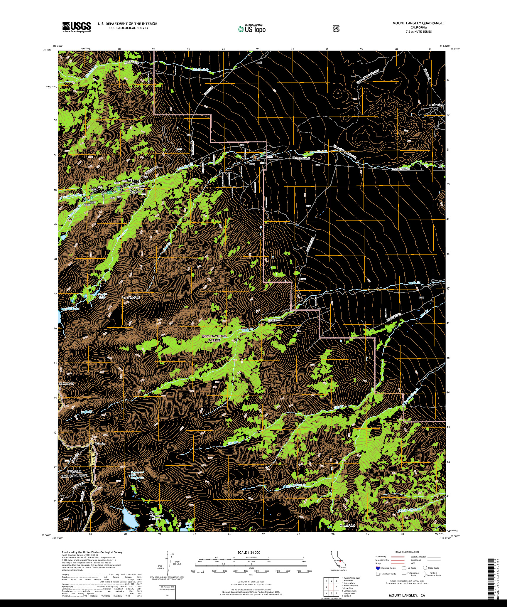 USGS US TOPO 7.5-MINUTE MAP FOR MOUNT LANGLEY, CA 2018