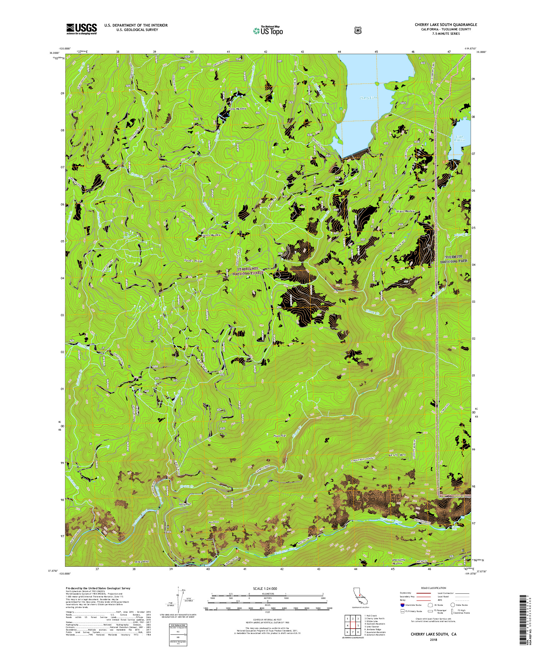 USGS US TOPO 7.5-MINUTE MAP FOR CHERRY LAKE SOUTH, CA 2018