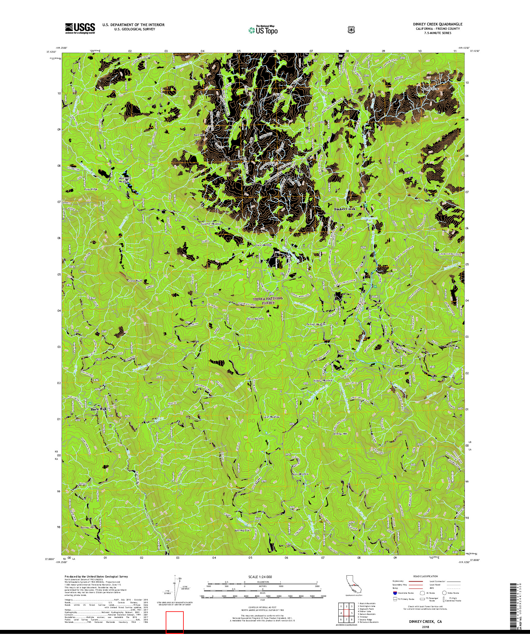 USGS US TOPO 7.5-MINUTE MAP FOR DINKEY CREEK, CA 2018