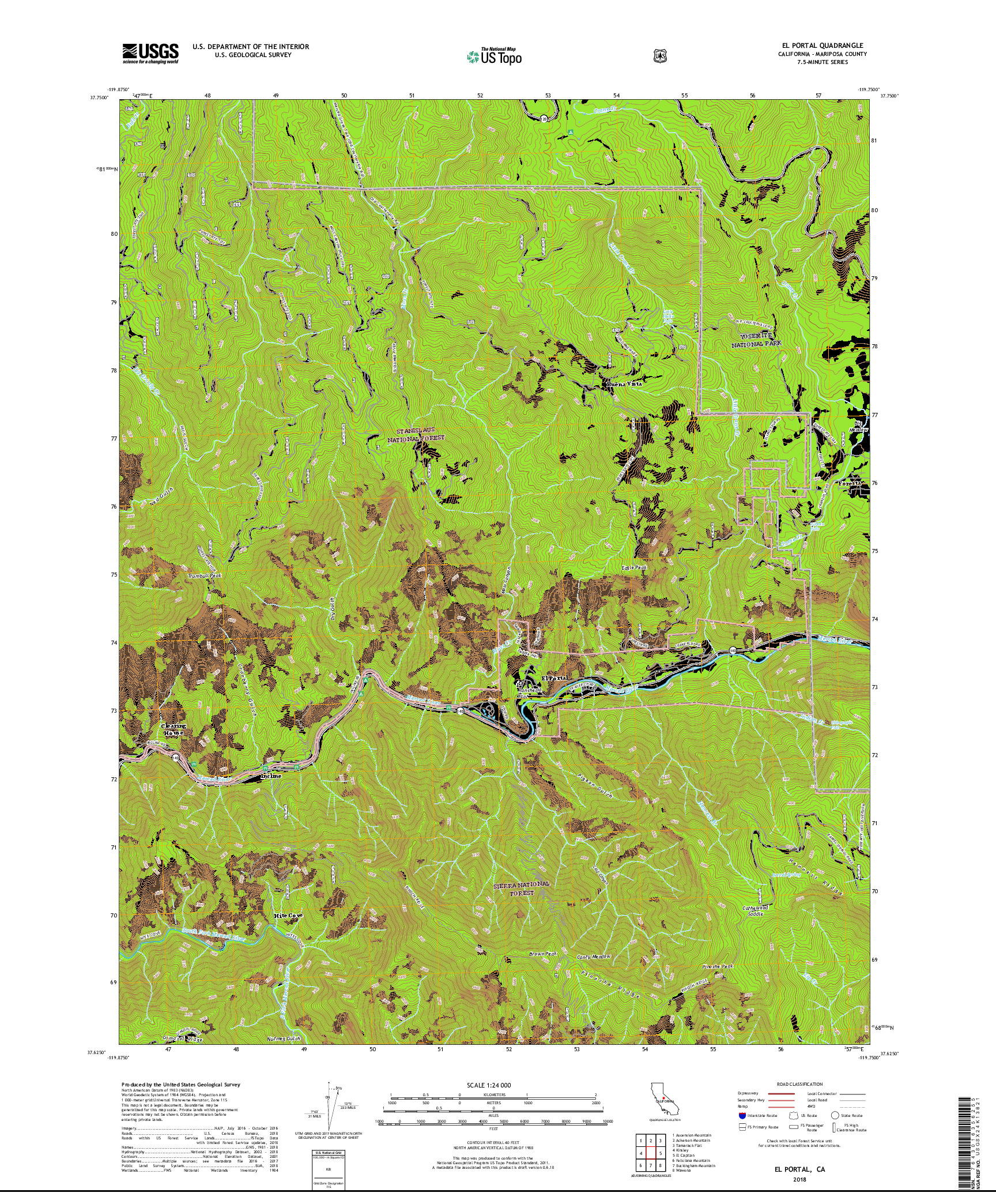 USGS US TOPO 7.5-MINUTE MAP FOR EL PORTAL, CA 2018