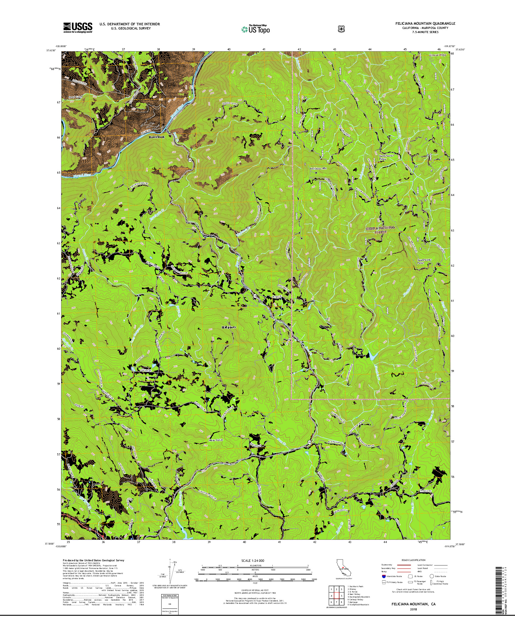 USGS US TOPO 7.5-MINUTE MAP FOR FELICIANA MOUNTAIN, CA 2018