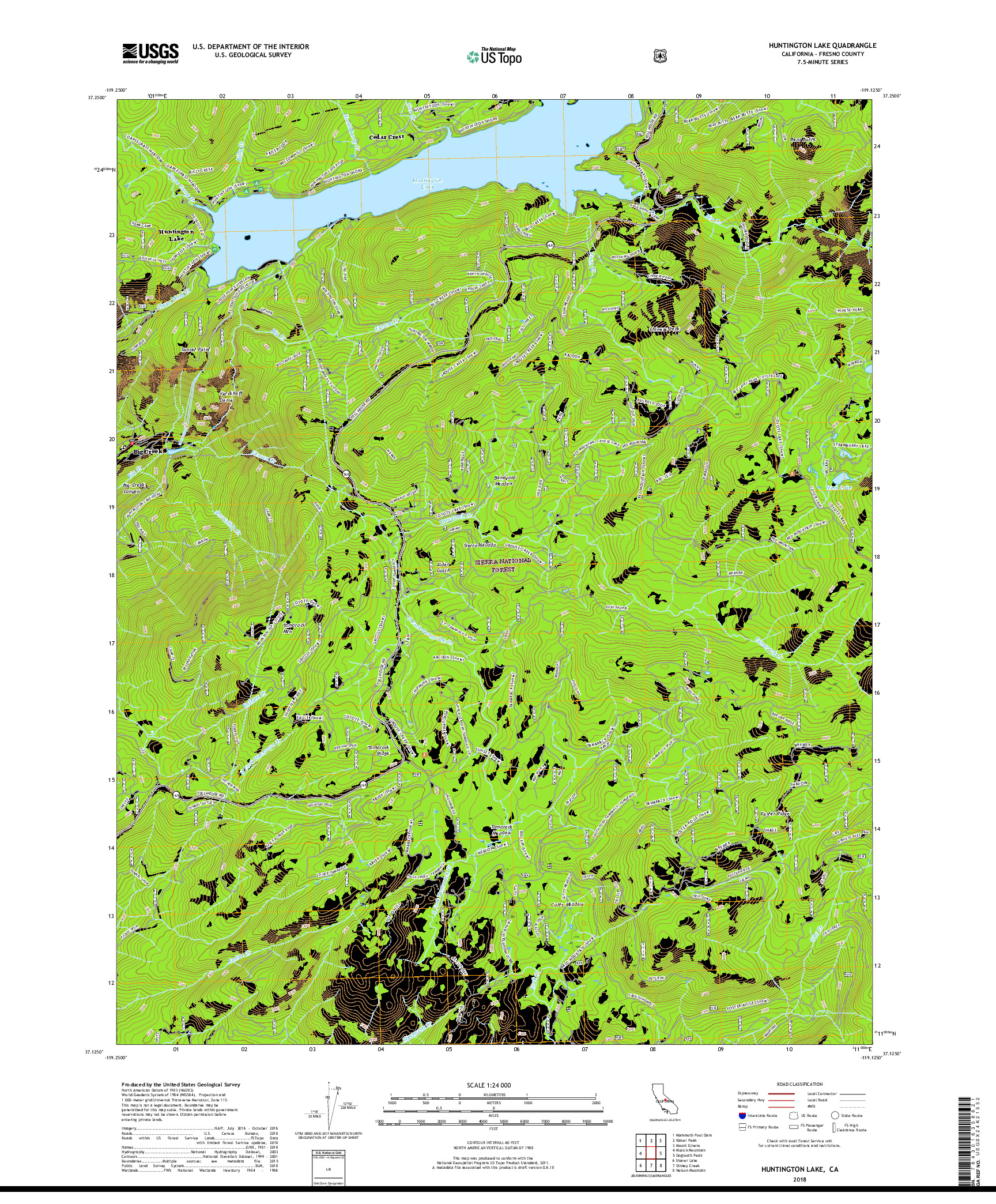 USGS US TOPO 7.5-MINUTE MAP FOR HUNTINGTON LAKE, CA 2018