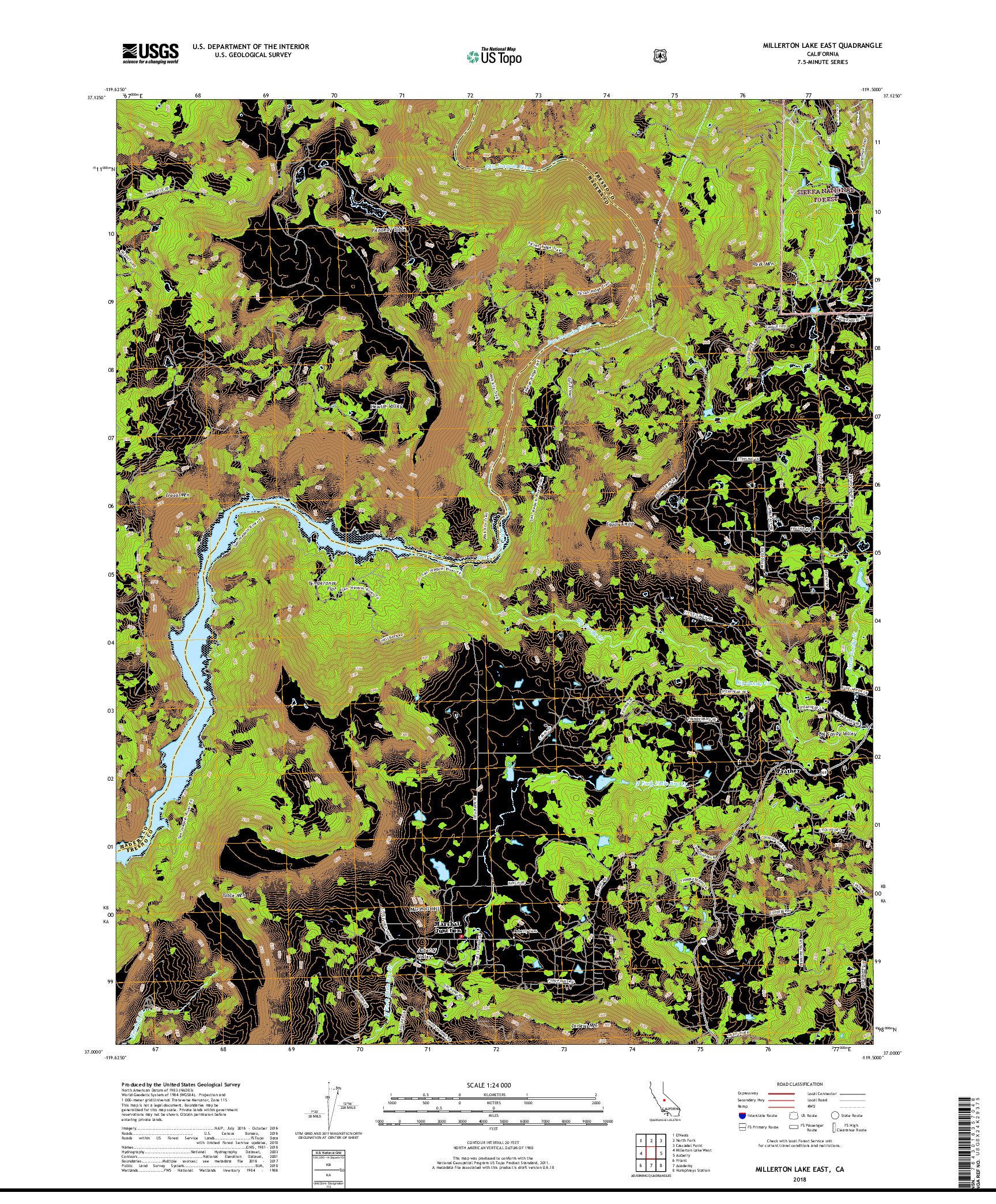 USGS US TOPO 7.5-MINUTE MAP FOR MILLERTON LAKE EAST, CA 2018