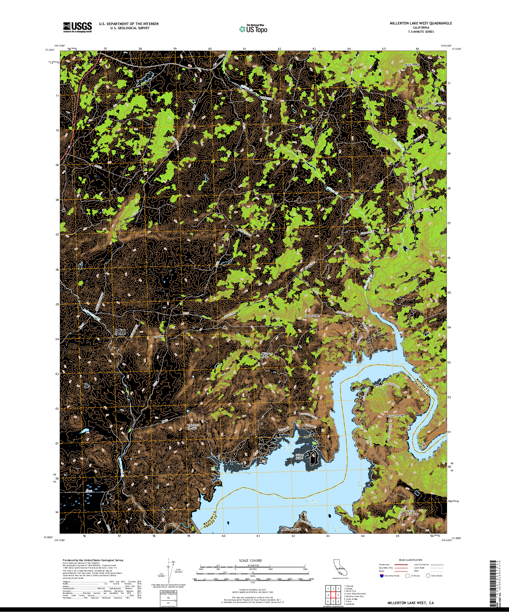 USGS US TOPO 7.5-MINUTE MAP FOR MILLERTON LAKE WEST, CA 2018