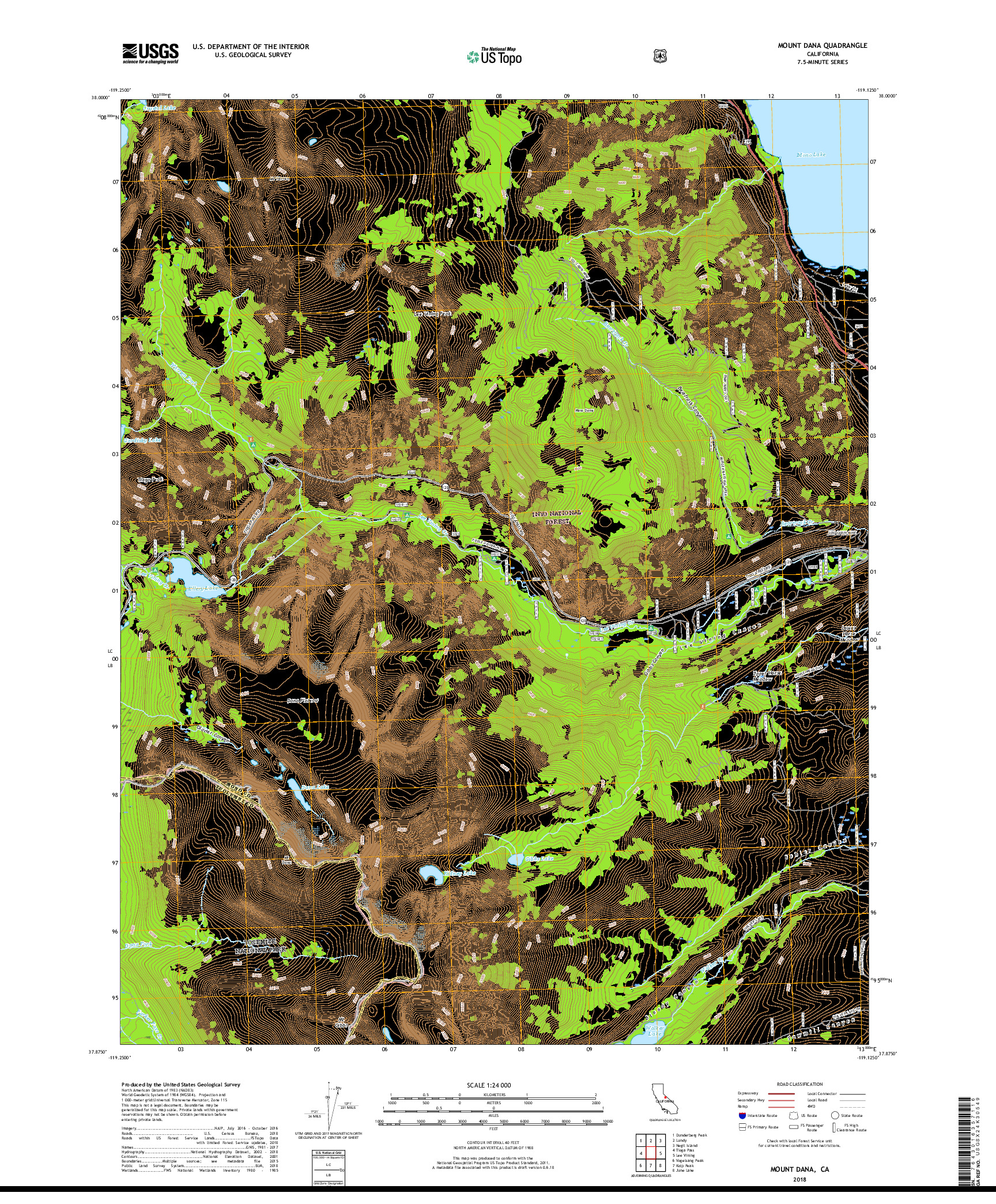 USGS US TOPO 7.5-MINUTE MAP FOR MOUNT DANA, CA 2018