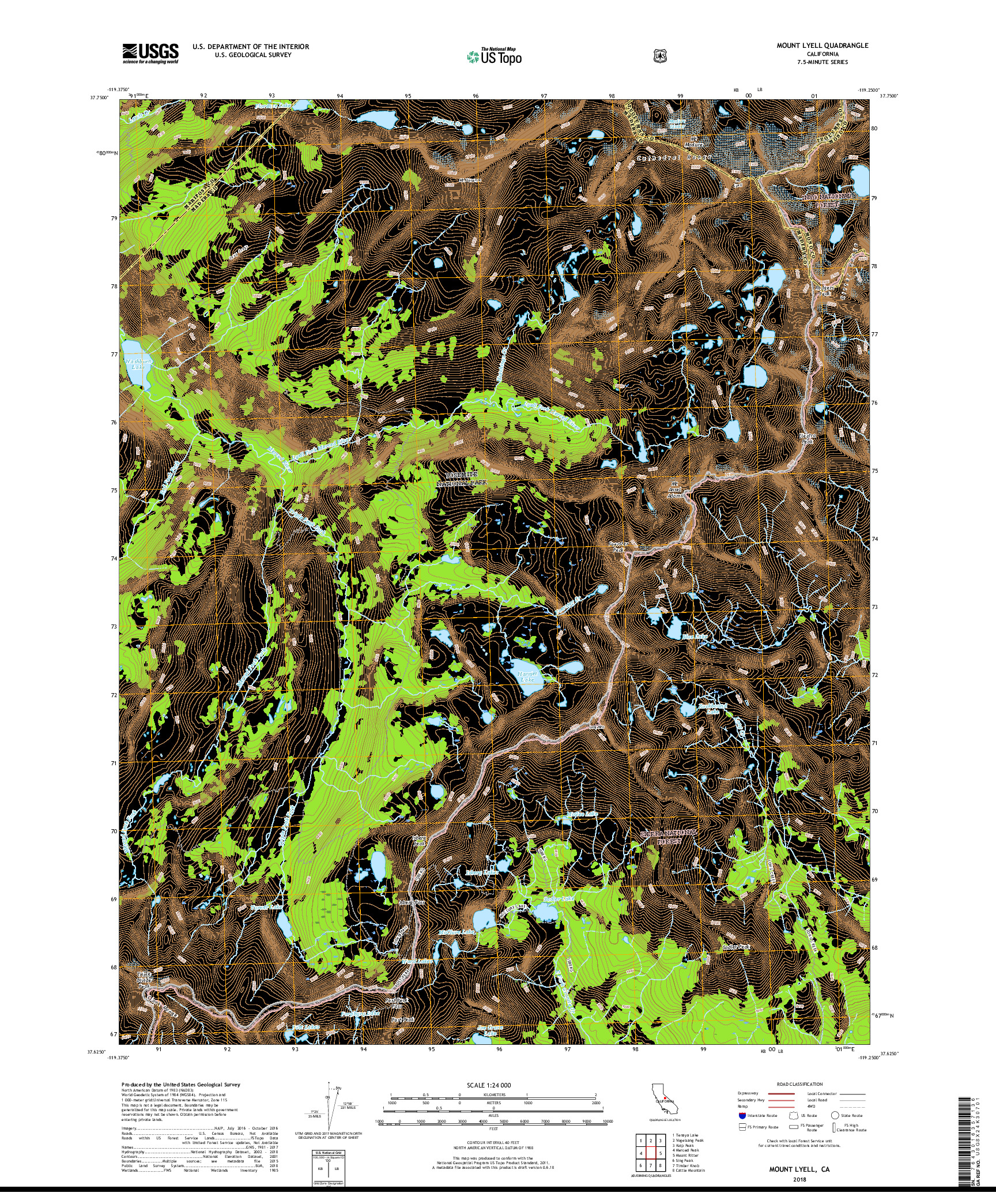 USGS US TOPO 7.5-MINUTE MAP FOR MOUNT LYELL, CA 2018