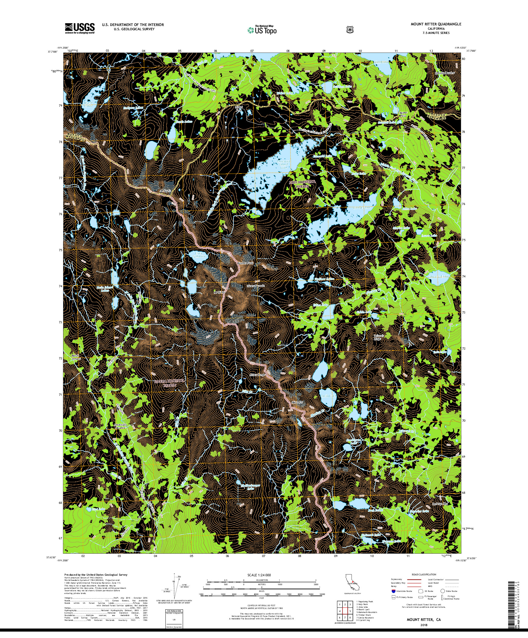 USGS US TOPO 7.5-MINUTE MAP FOR MOUNT RITTER, CA 2018