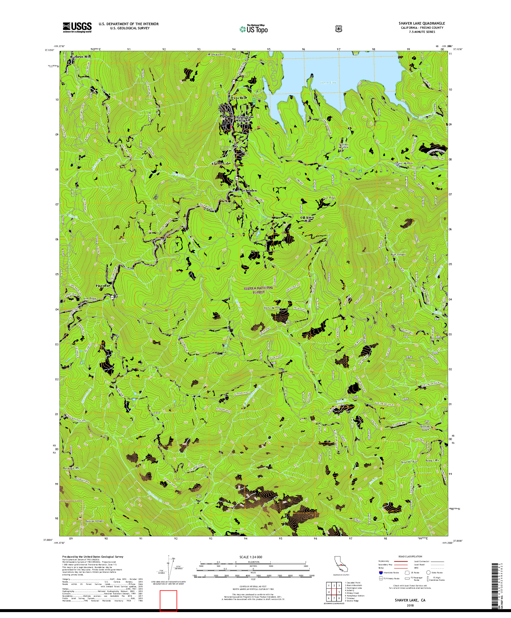 USGS US TOPO 7.5-MINUTE MAP FOR SHAVER LAKE, CA 2018