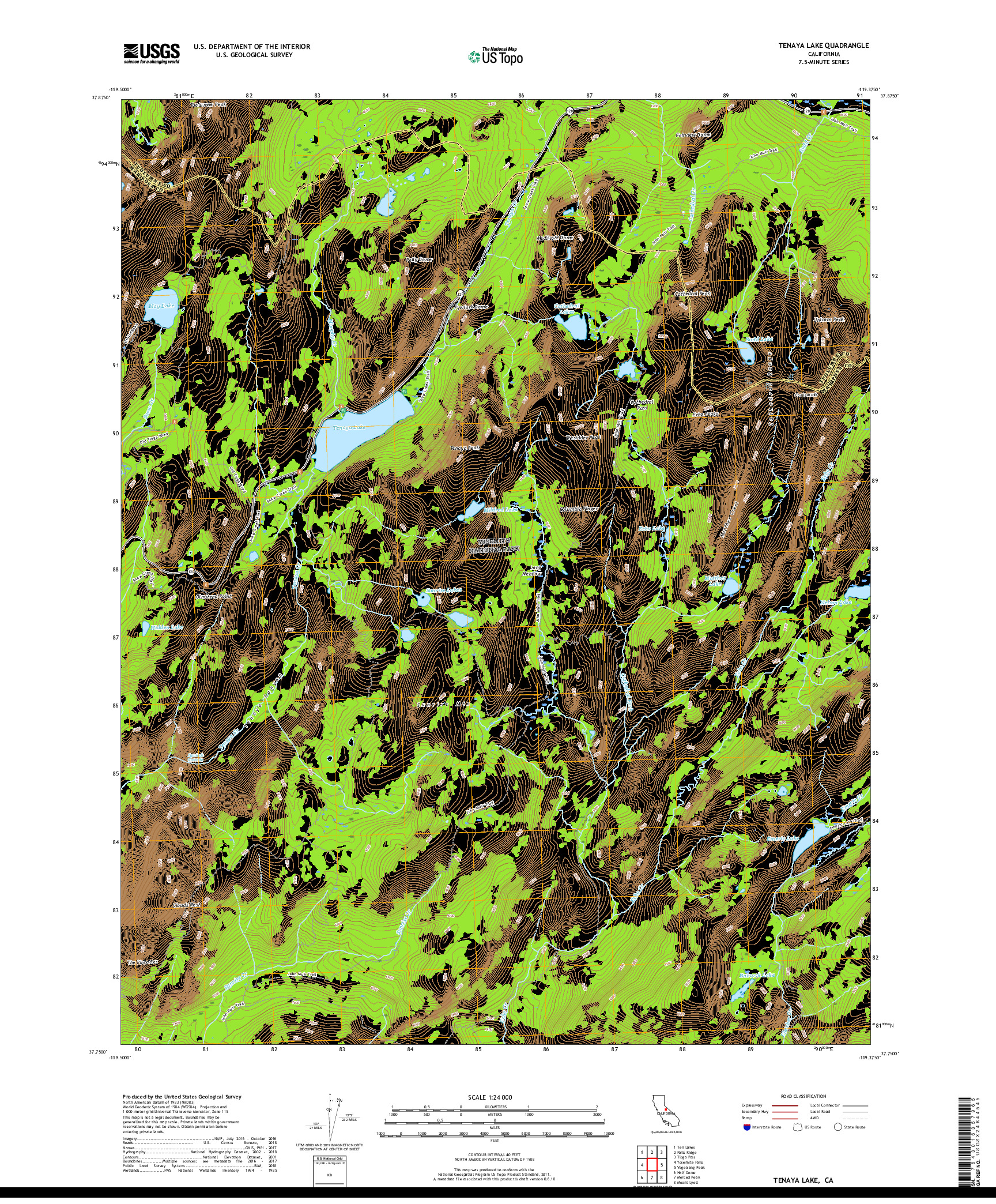 USGS US TOPO 7.5-MINUTE MAP FOR TENAYA LAKE, CA 2018