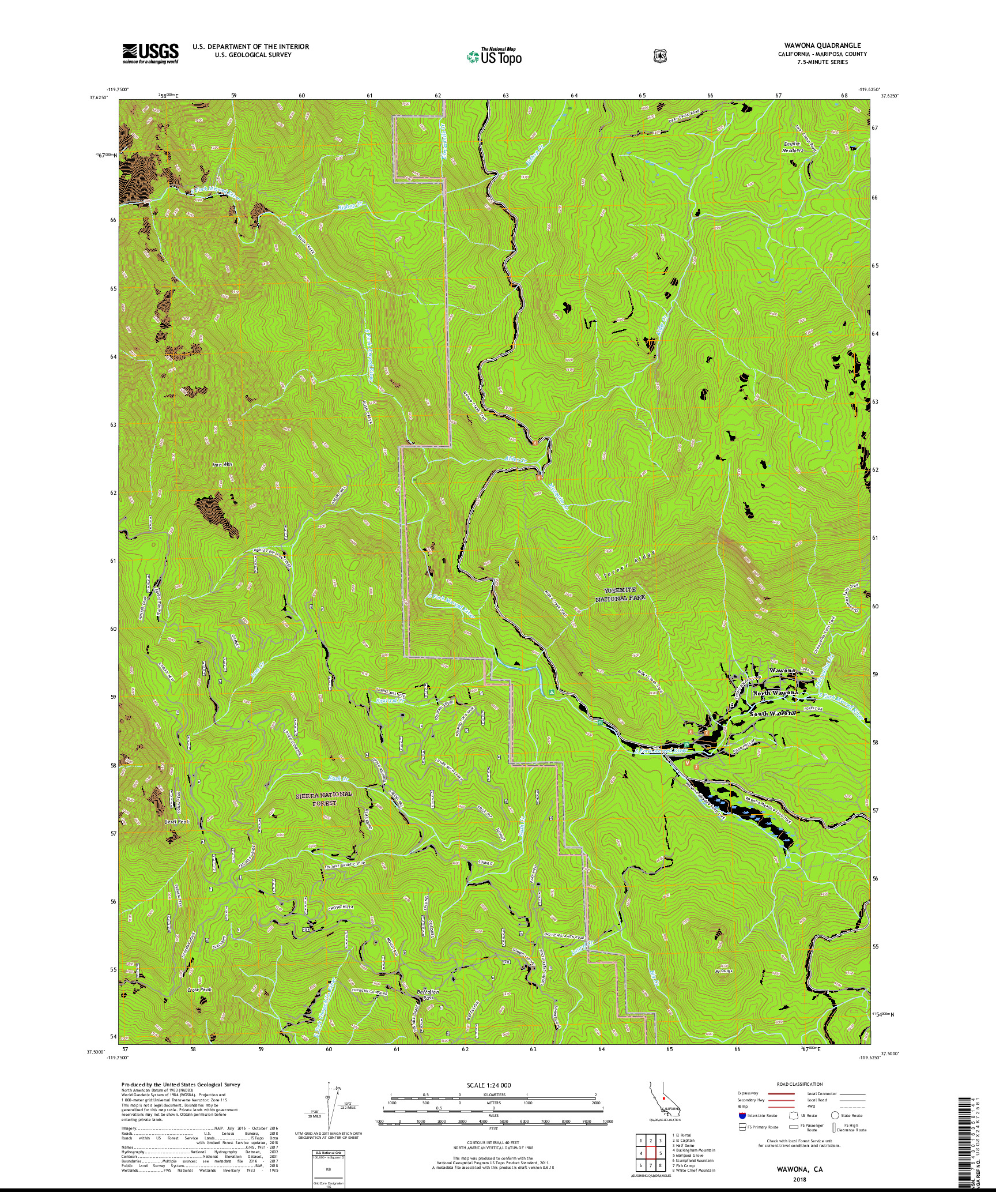 USGS US TOPO 7.5-MINUTE MAP FOR WAWONA, CA 2018