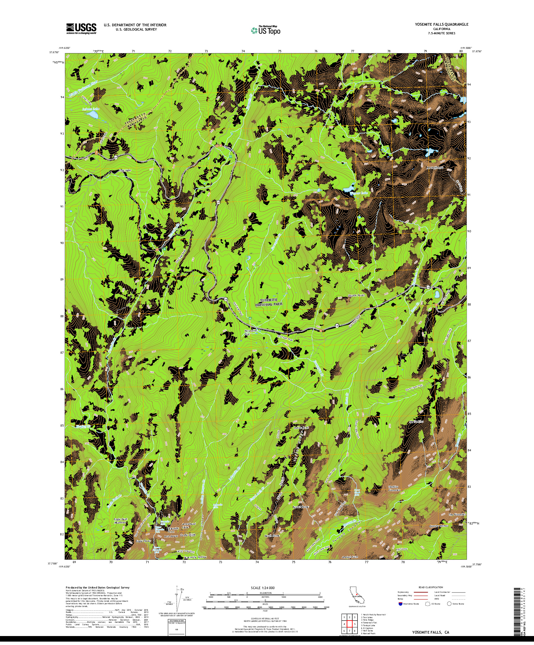 USGS US TOPO 7.5-MINUTE MAP FOR YOSEMITE FALLS, CA 2018