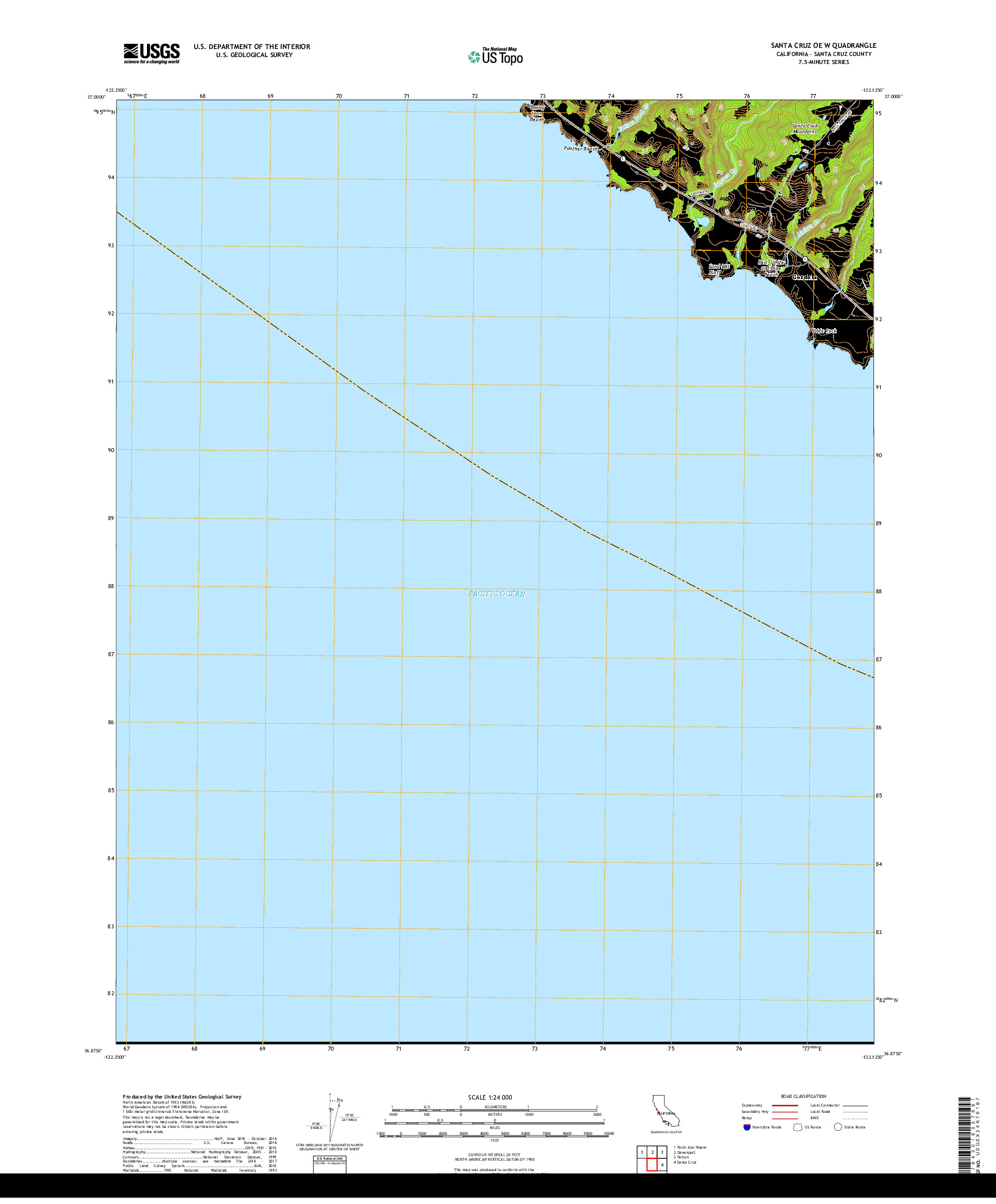 USGS US TOPO 7.5-MINUTE MAP FOR SANTA CRUZ OE W, CA 2018