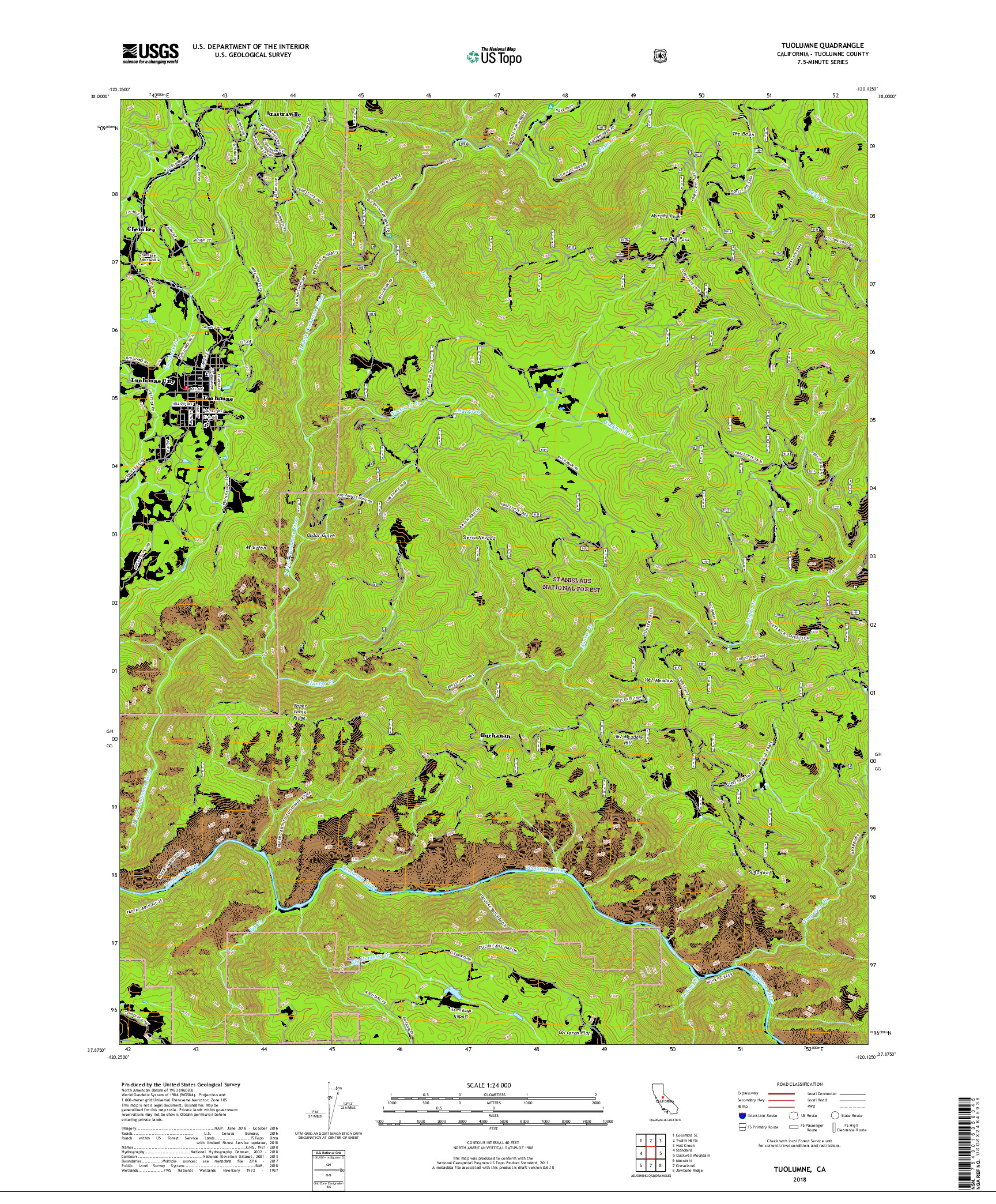 USGS US TOPO 7.5-MINUTE MAP FOR TUOLUMNE, CA 2018