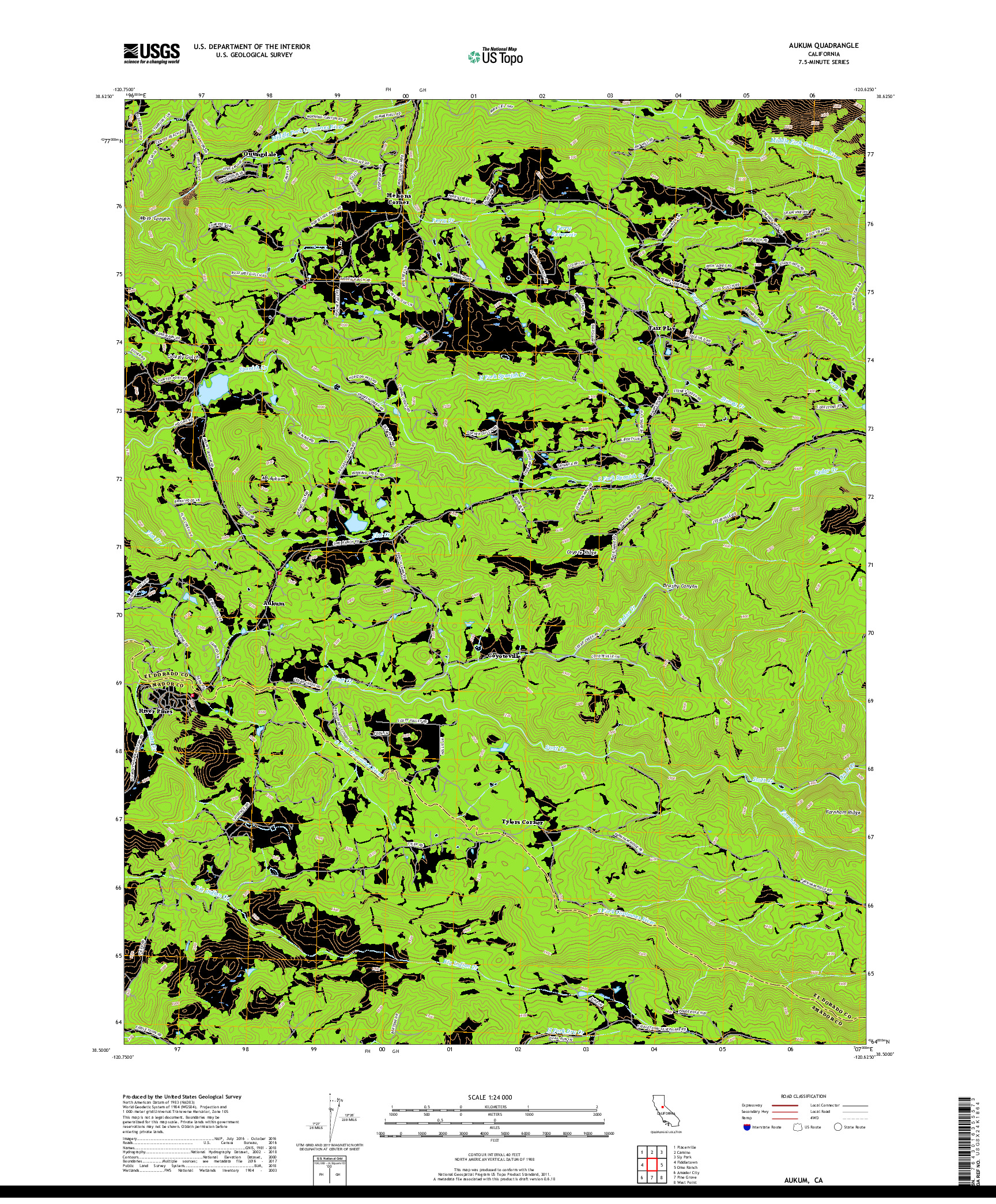 USGS US TOPO 7.5-MINUTE MAP FOR AUKUM, CA 2018