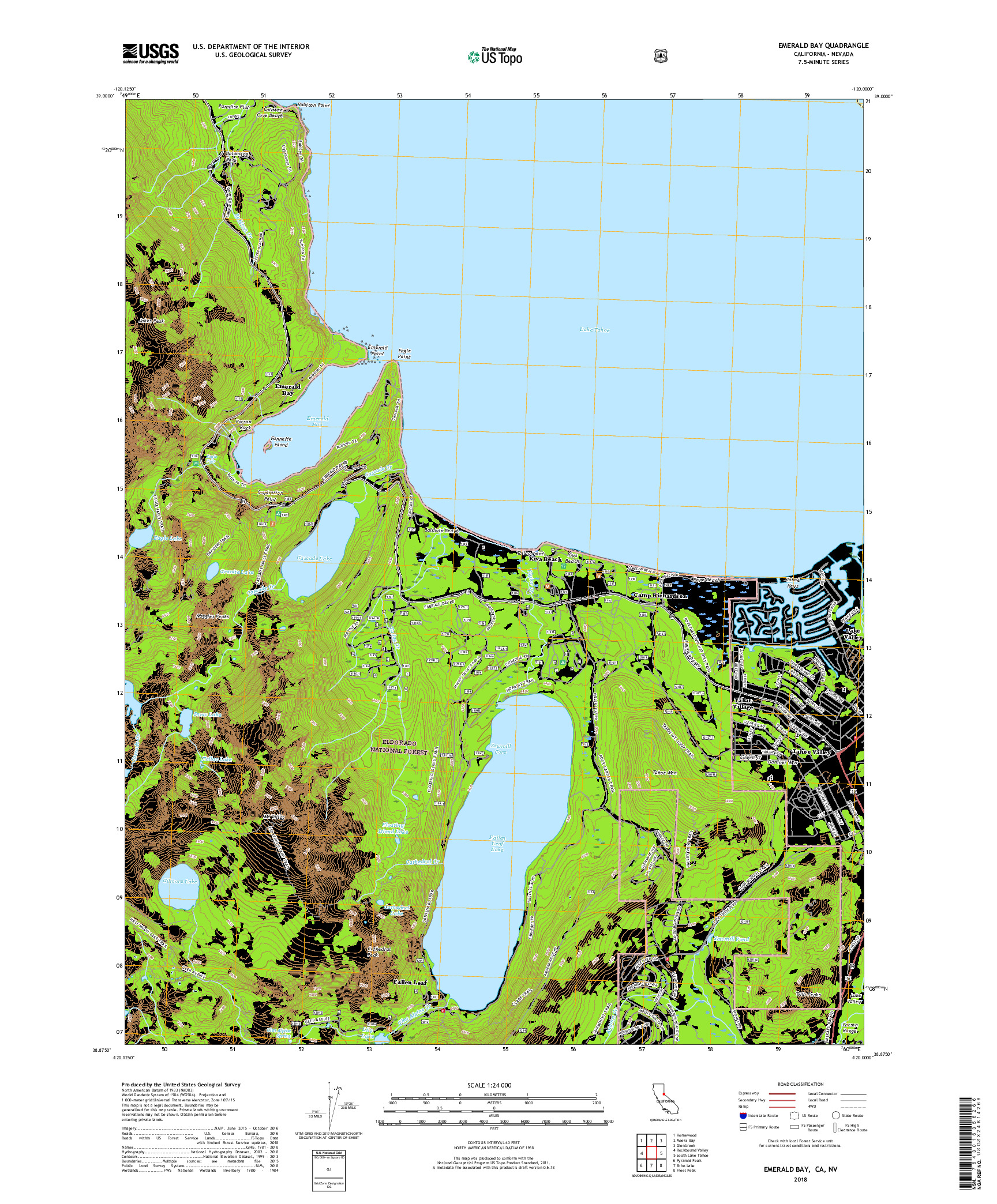 USGS US TOPO 7.5-MINUTE MAP FOR EMERALD BAY, CA,NV 2018