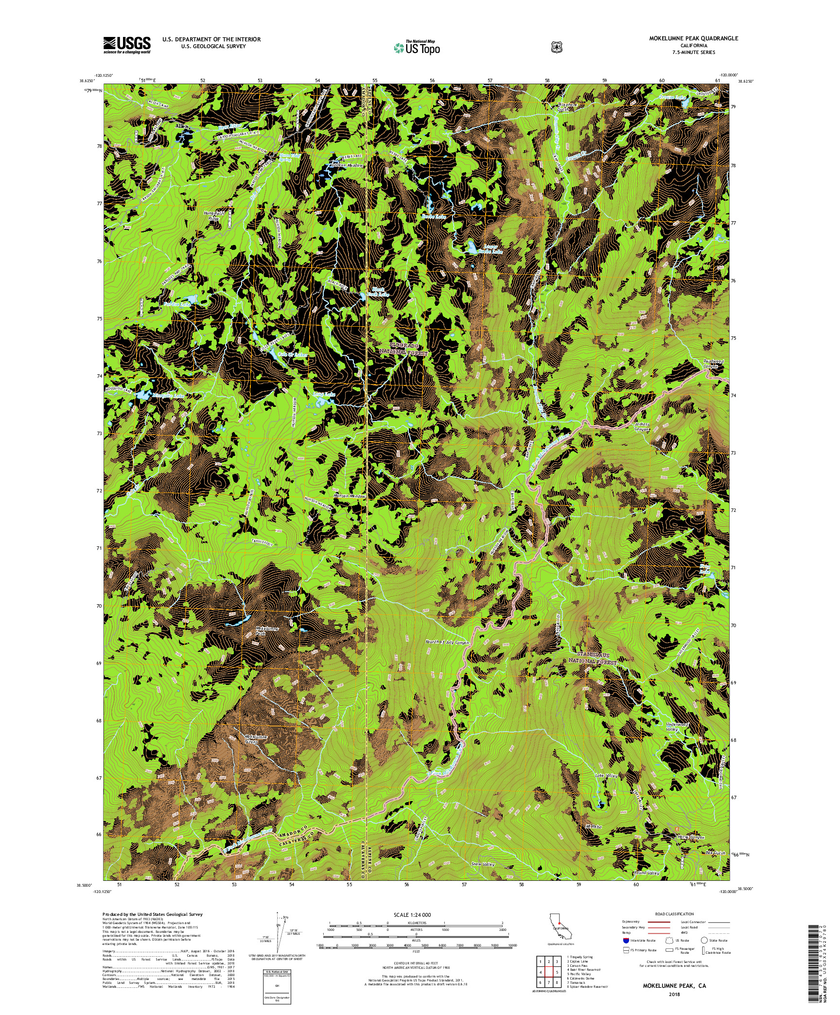 USGS US TOPO 7.5-MINUTE MAP FOR MOKELUMNE PEAK, CA 2018