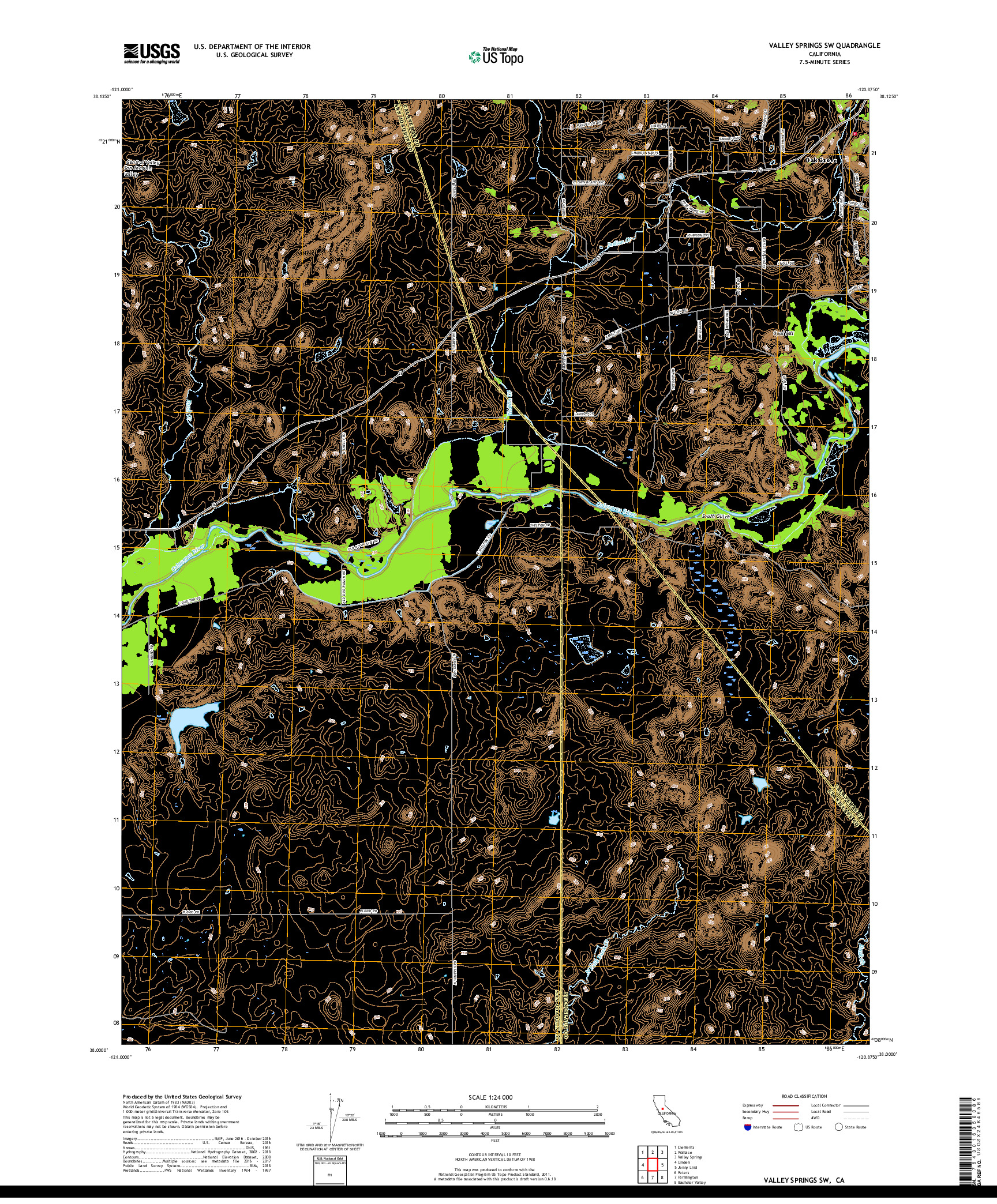 USGS US TOPO 7.5-MINUTE MAP FOR VALLEY SPRINGS SW, CA 2018