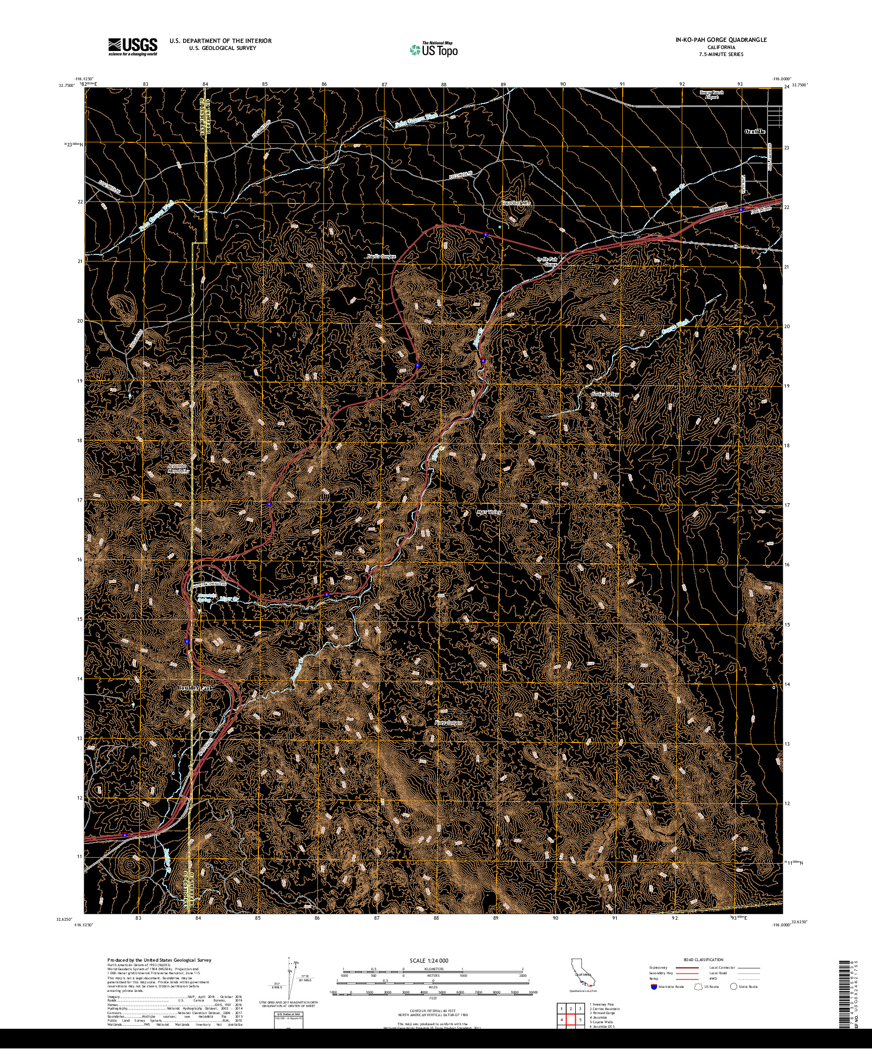 USGS US TOPO 7.5-MINUTE MAP FOR IN-KO-PAH GORGE, CA 2018