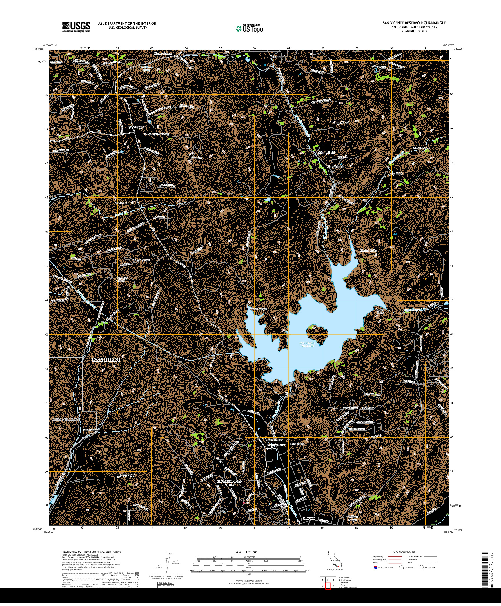 USGS US TOPO 7.5-MINUTE MAP FOR SAN VICENTE RESERVOIR, CA 2018