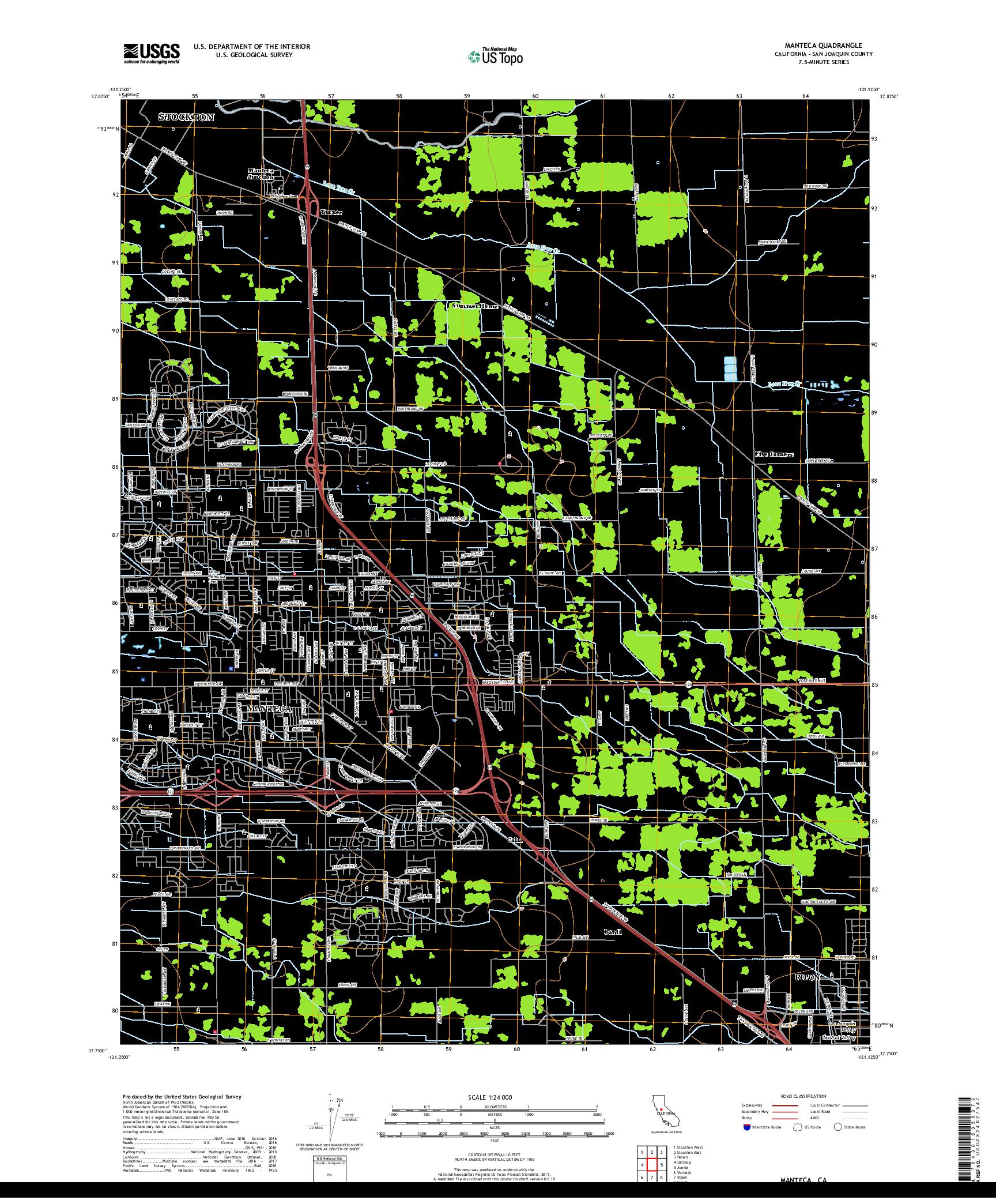 USGS US TOPO 7.5-MINUTE MAP FOR MANTECA, CA 2018