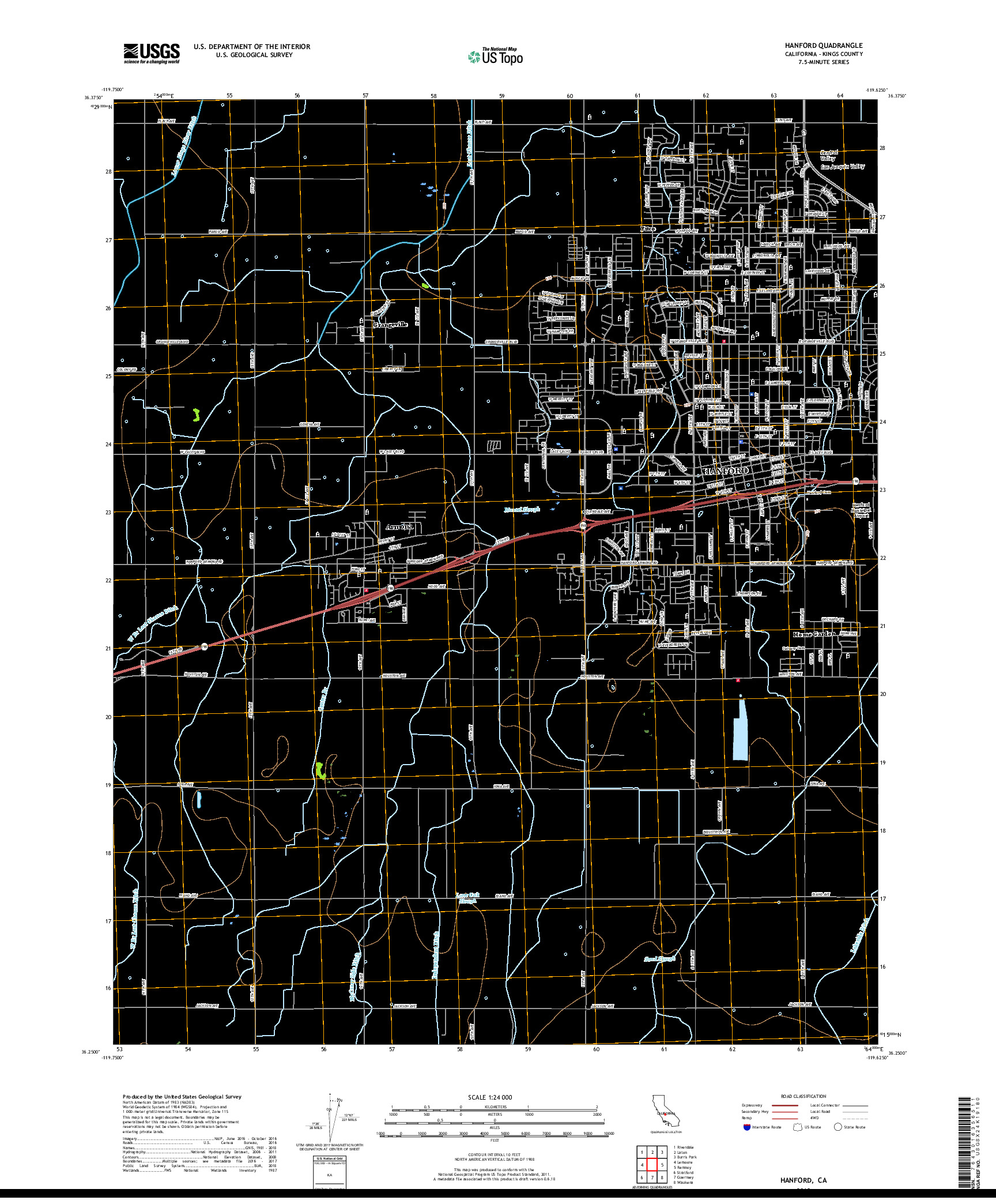 USGS US TOPO 7.5-MINUTE MAP FOR HANFORD, CA 2018