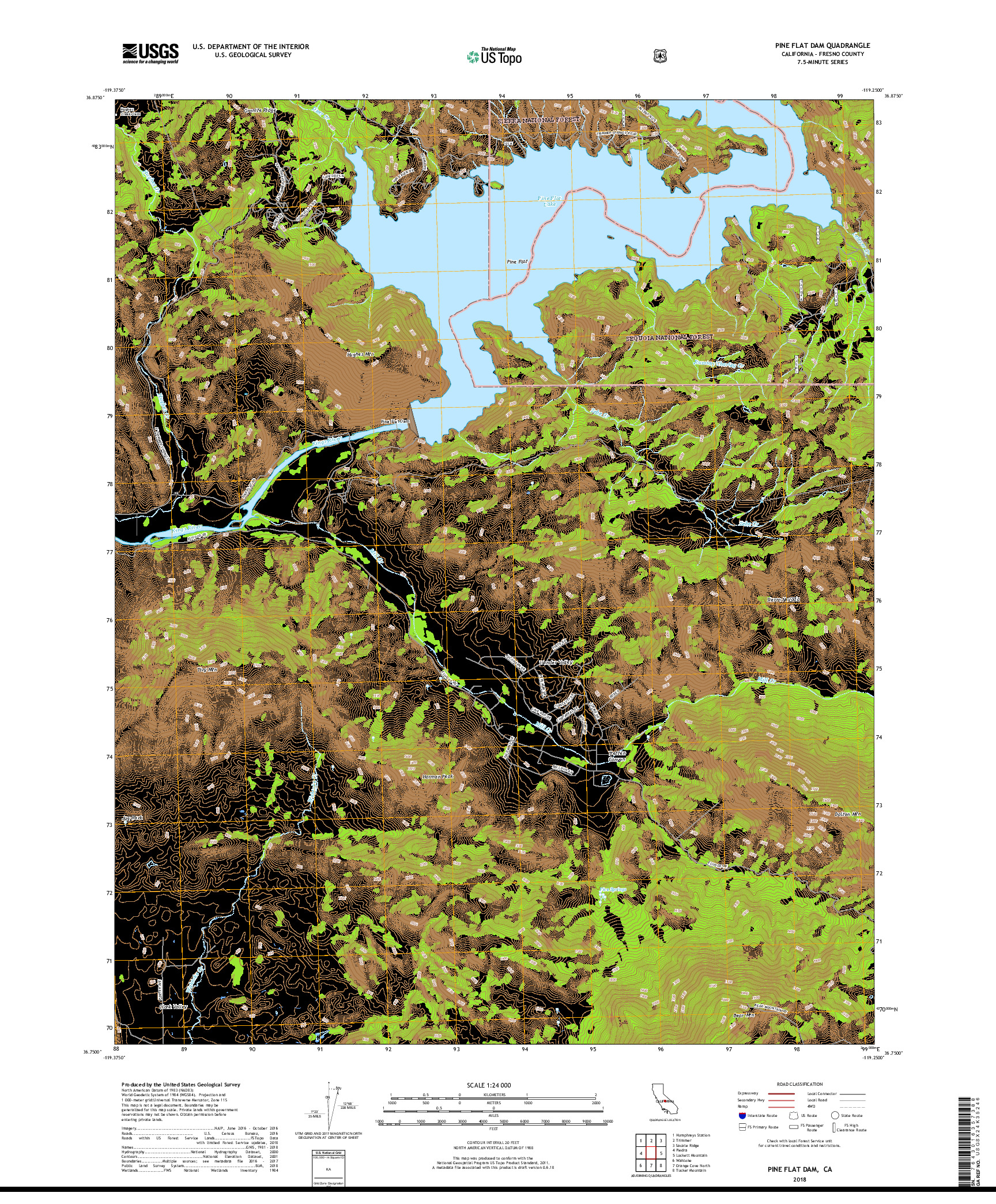 USGS US TOPO 7.5-MINUTE MAP FOR PINE FLAT DAM, CA 2018