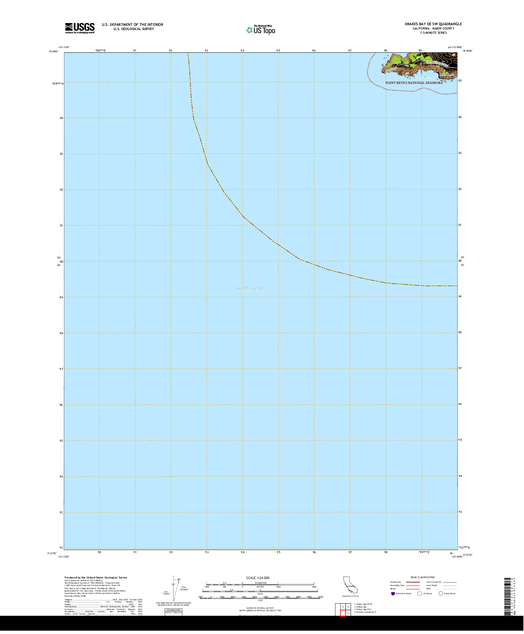 USGS US TOPO 7.5-MINUTE MAP FOR DRAKES BAY OE SW, CA 2018