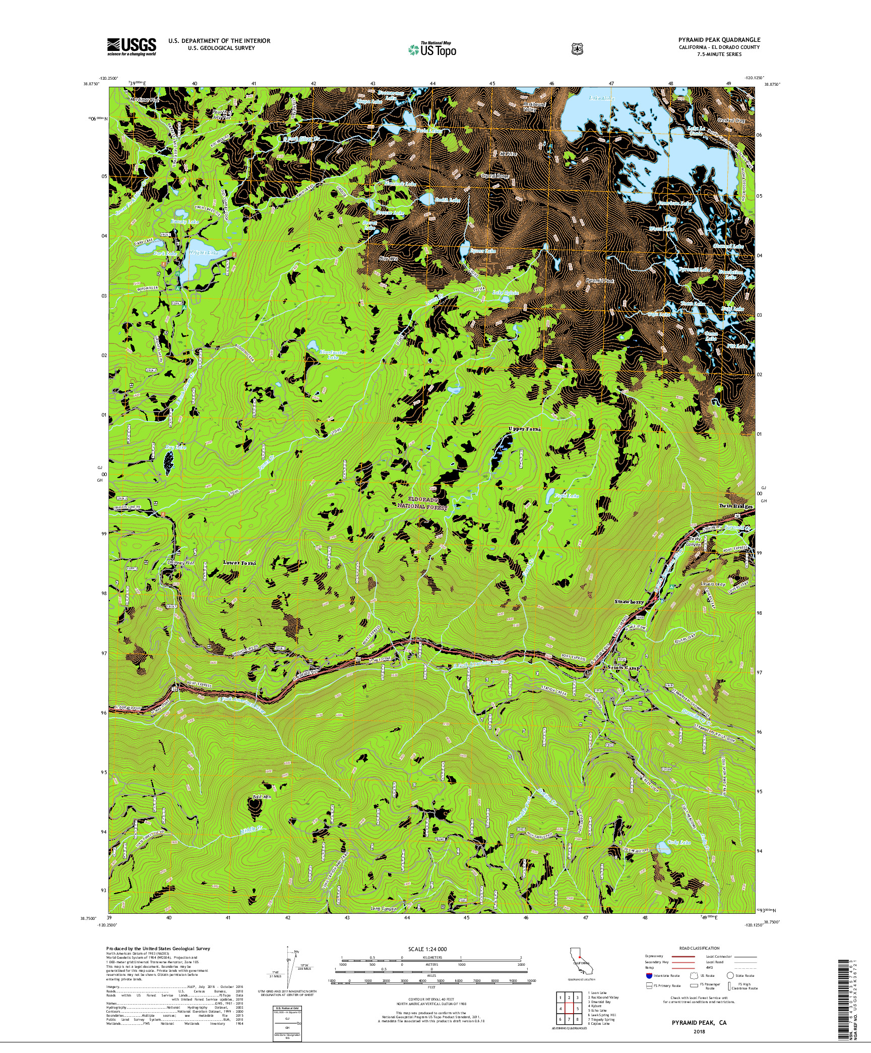 USGS US TOPO 7.5-MINUTE MAP FOR PYRAMID PEAK, CA 2018